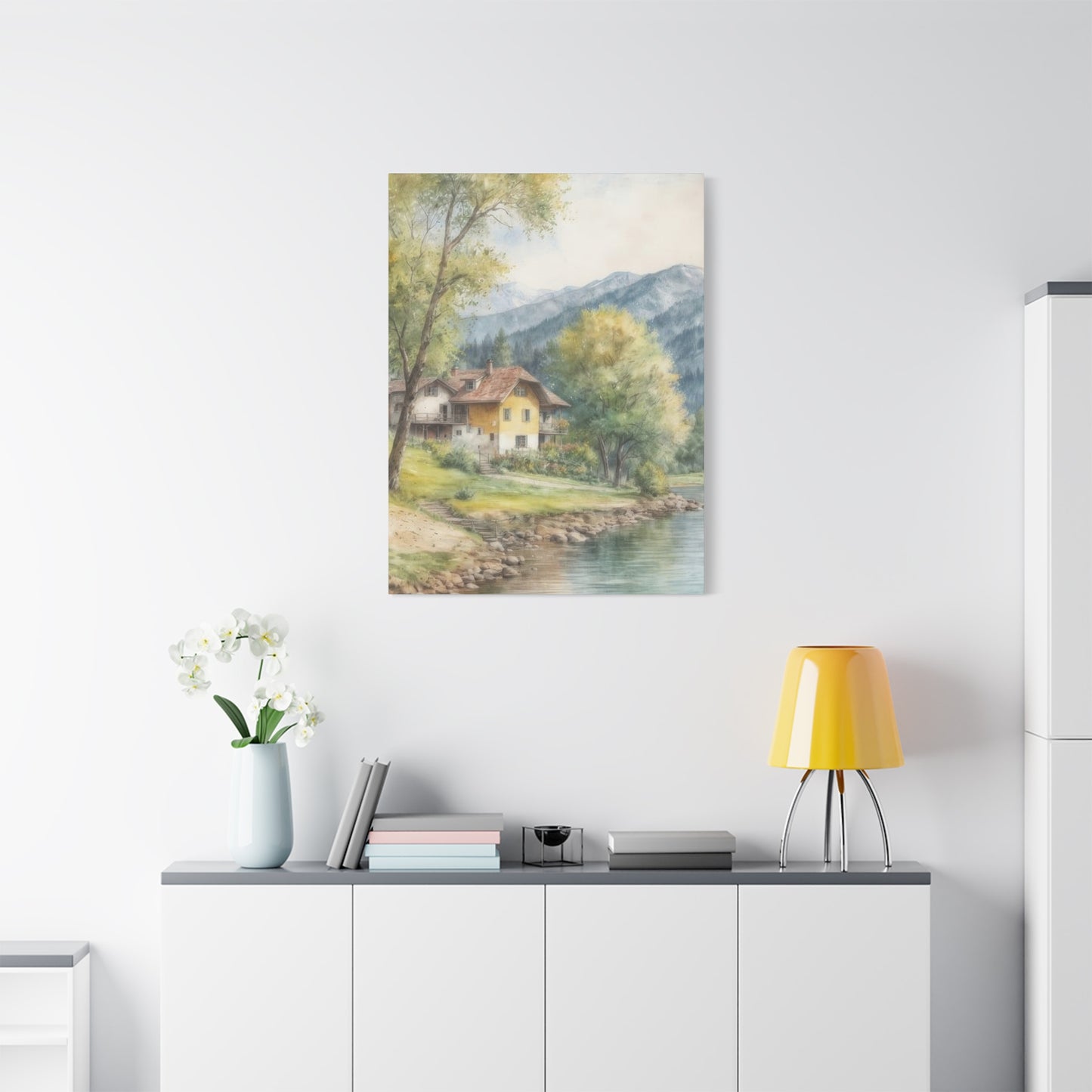 Houses By River Countryside Wall Art & Canvas Prints