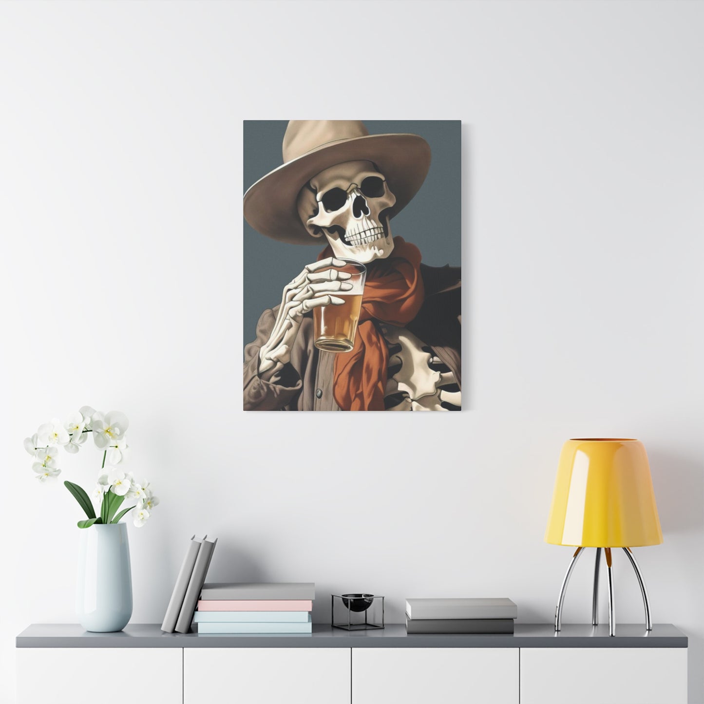 Drinking Skeleton Cowboy Wall Art & Canvas Prints