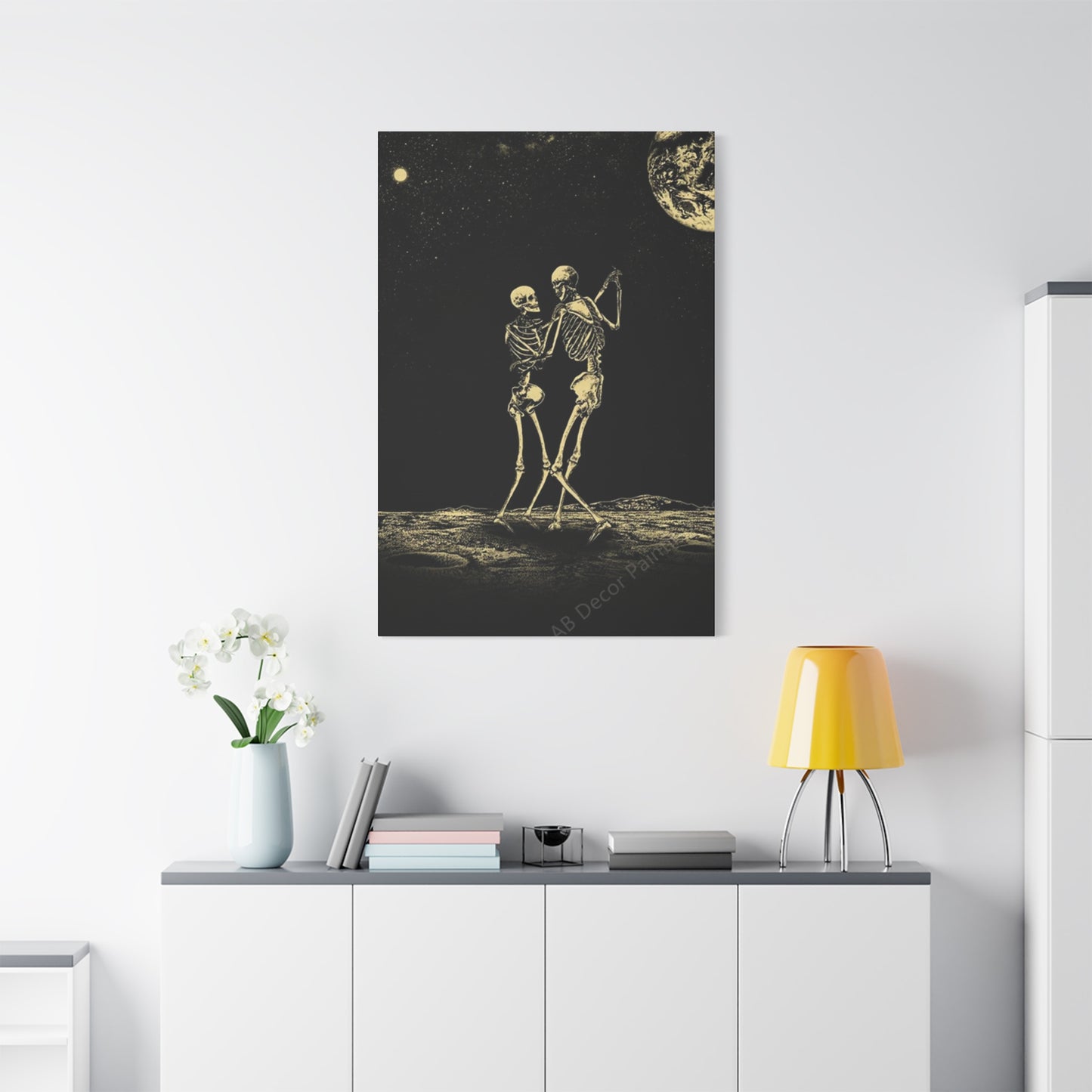 Dancing Skeleton On Moon Wall Art & Canvas Prints