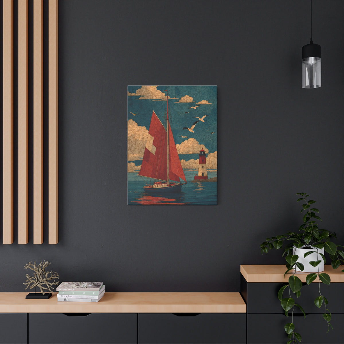 Primitive Coastal Sailboat Folk Wall Art & Canvas Print