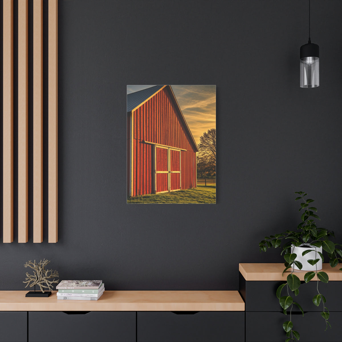 Red Barn in Golden Countryside Wall Art & Canvas Prints