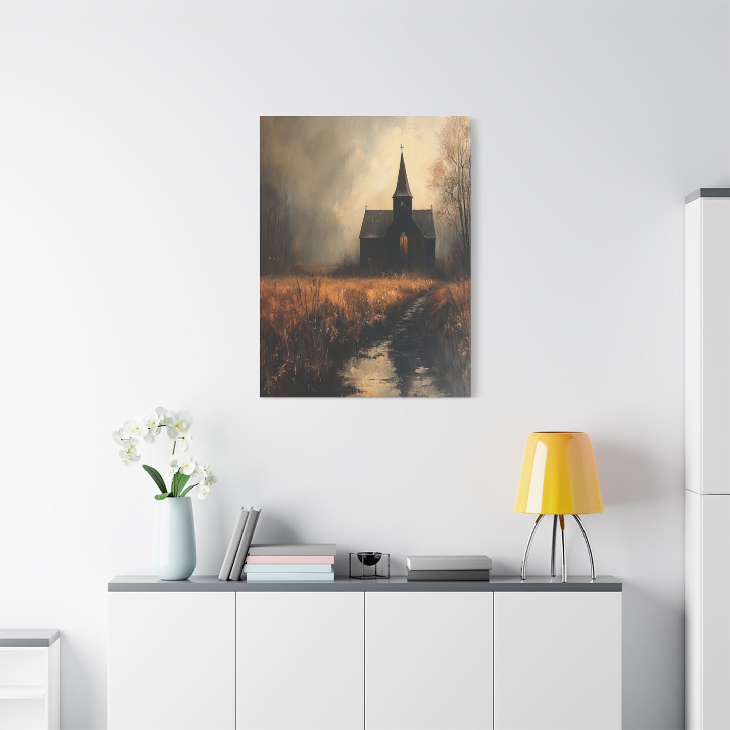 Dark Church Through Fields Wall Art & Canvas Prints