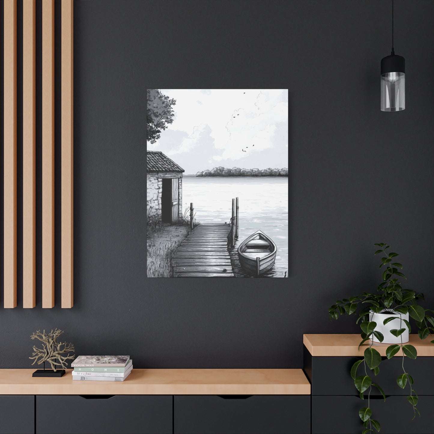 Cottage By Lake Grey Wall Art & Canvas Prints