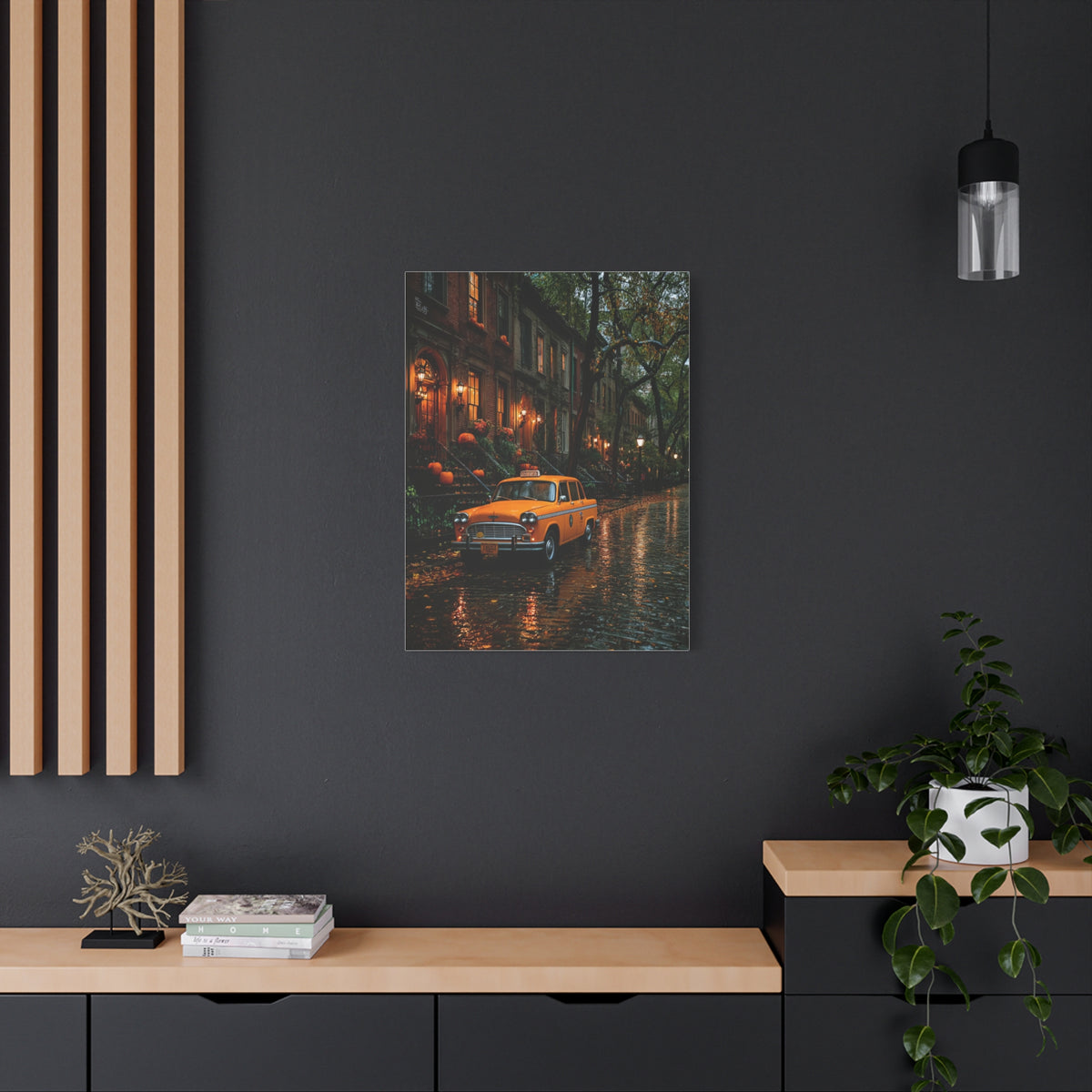 Rainy Autumn Brownstone Street Wall Art & Canvas Print
