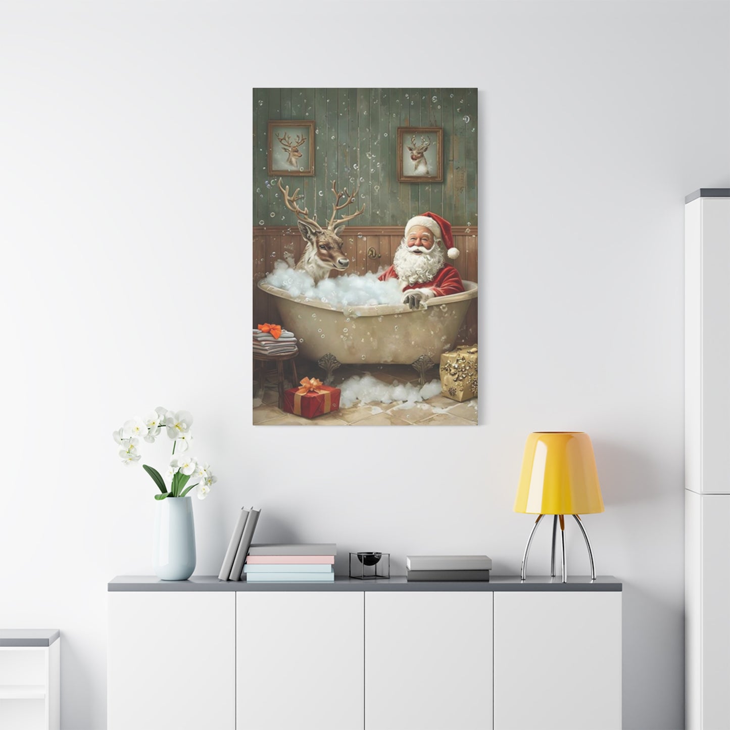 Santa Claus Bathing With Reindeer Painting Wall Art & Canvas Prints