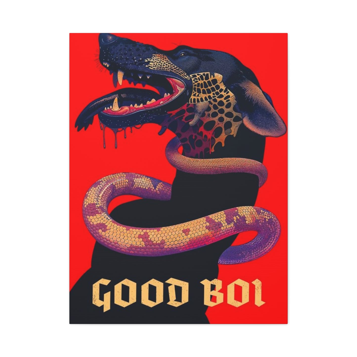 Snake On Dog Neck Wall Art & Canvas Prints