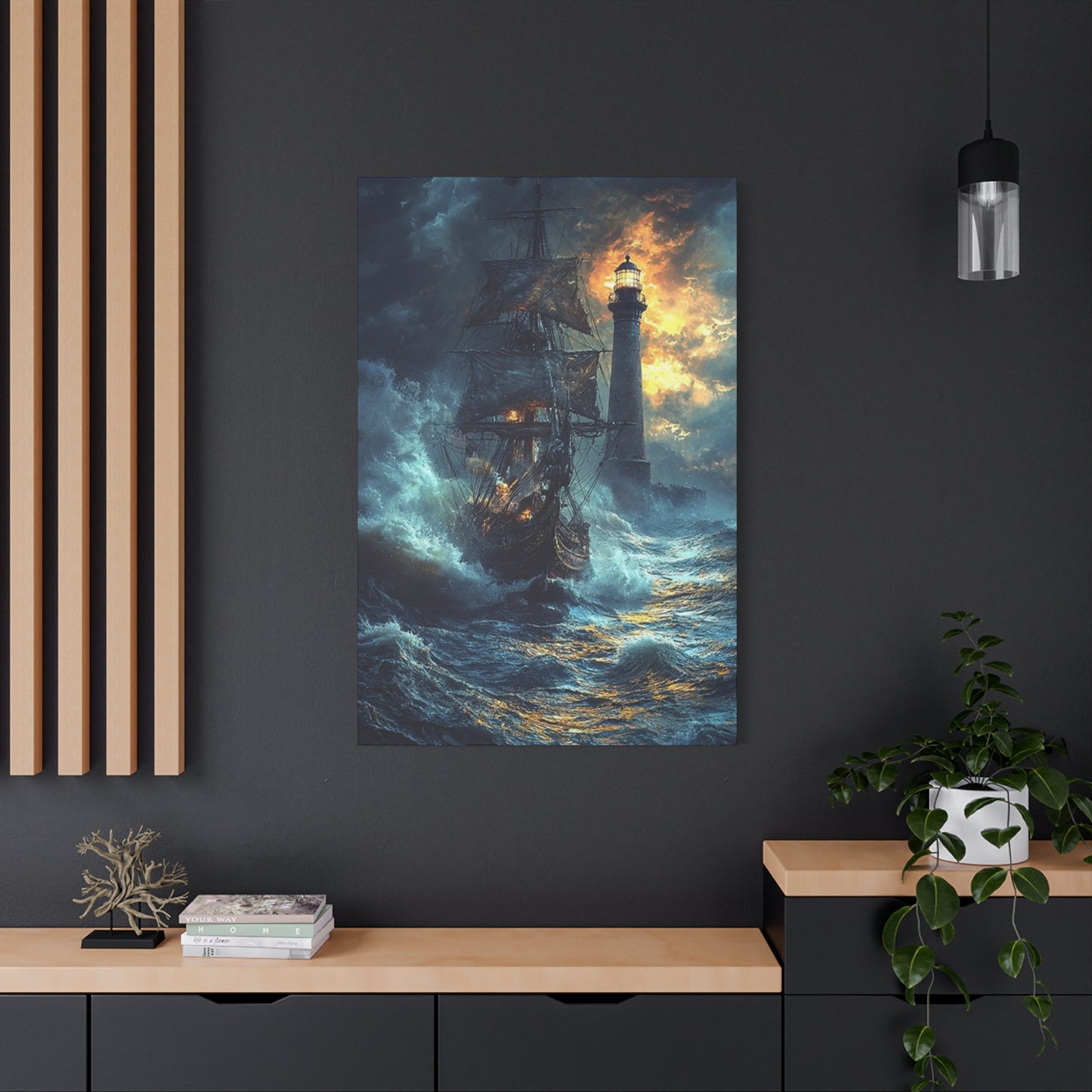 Lighthouse & Ship Sailing In Sea At Night Wall Art & Canvas Prints