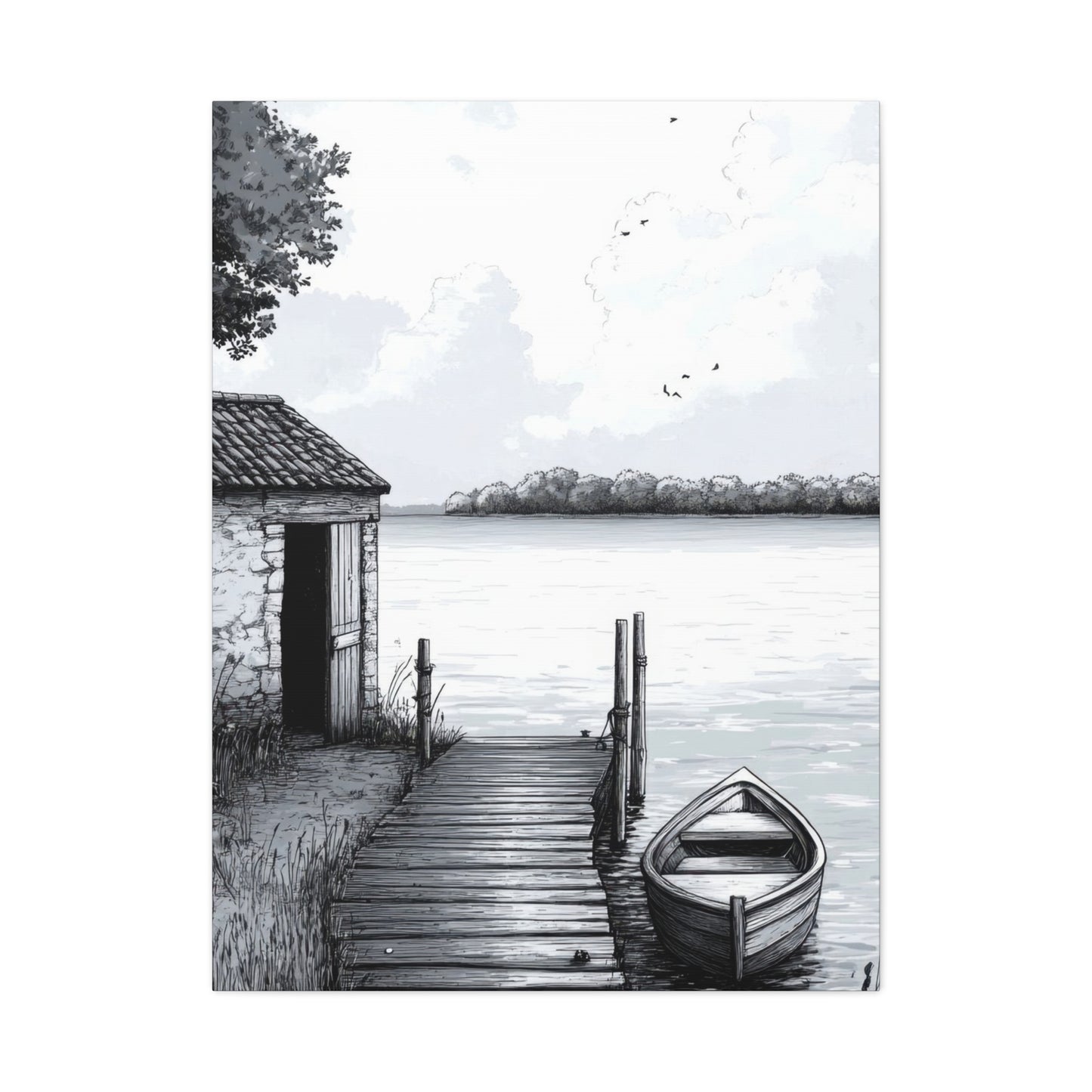 Cottage By Lake Grey Wall Art & Canvas Prints