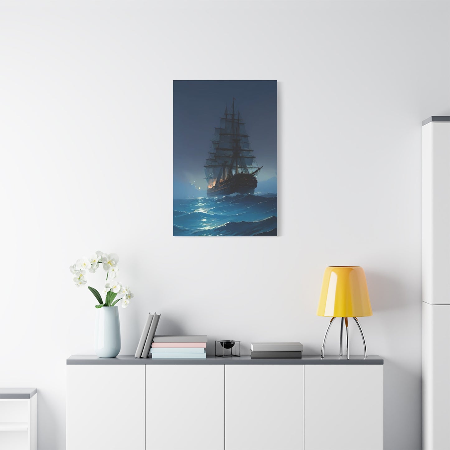 Black Sailing Ship At Night Wall Art & Canvas Prints