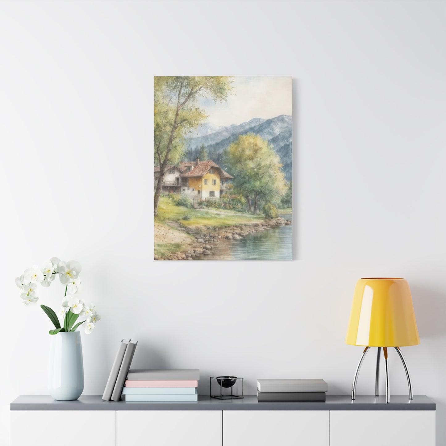 Houses By River Countryside Wall Art & Canvas Prints