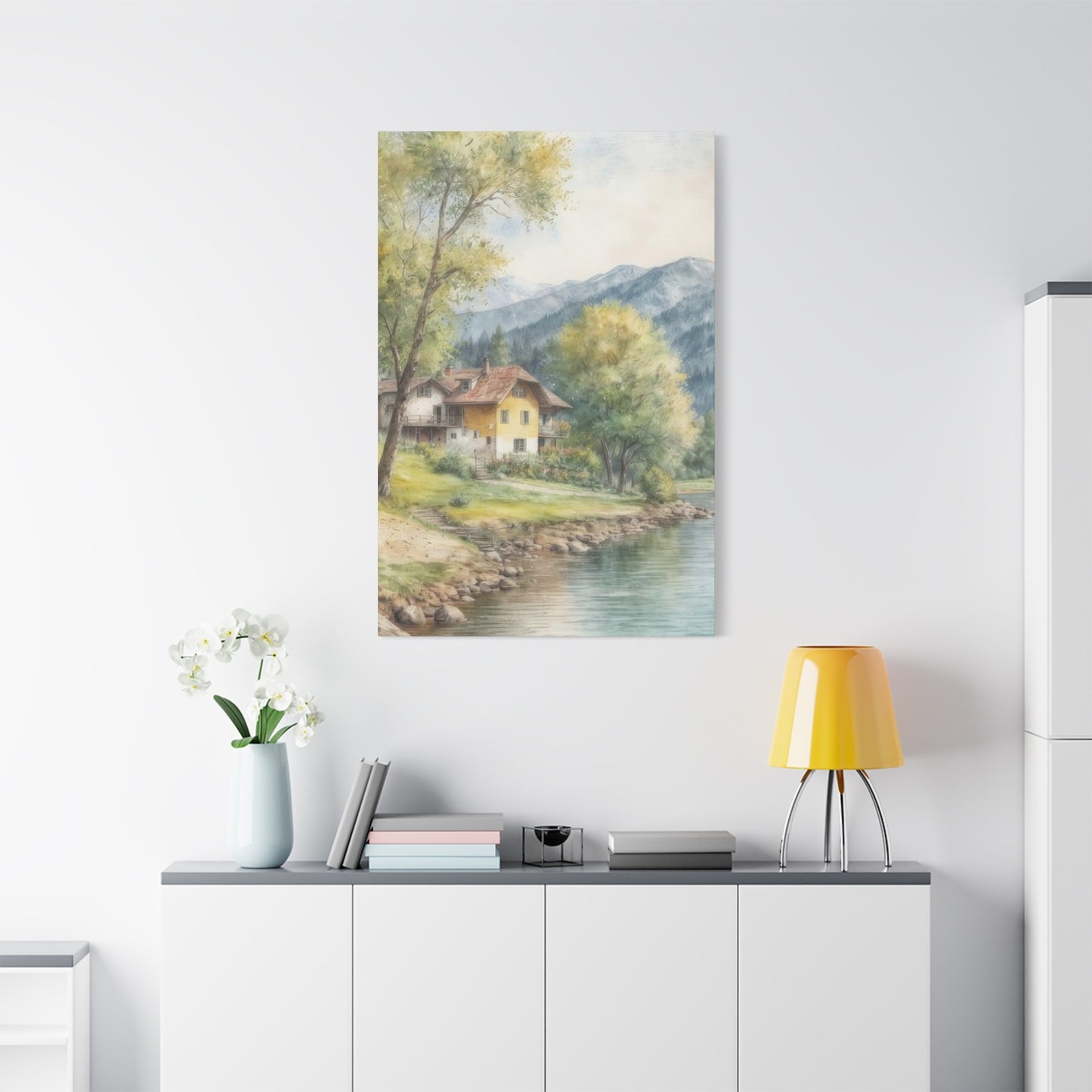 Houses By River Countryside Wall Art & Canvas Prints