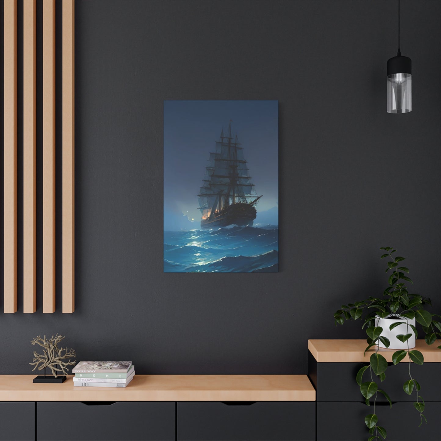 Black Sailing Ship At Night Wall Art & Canvas Prints