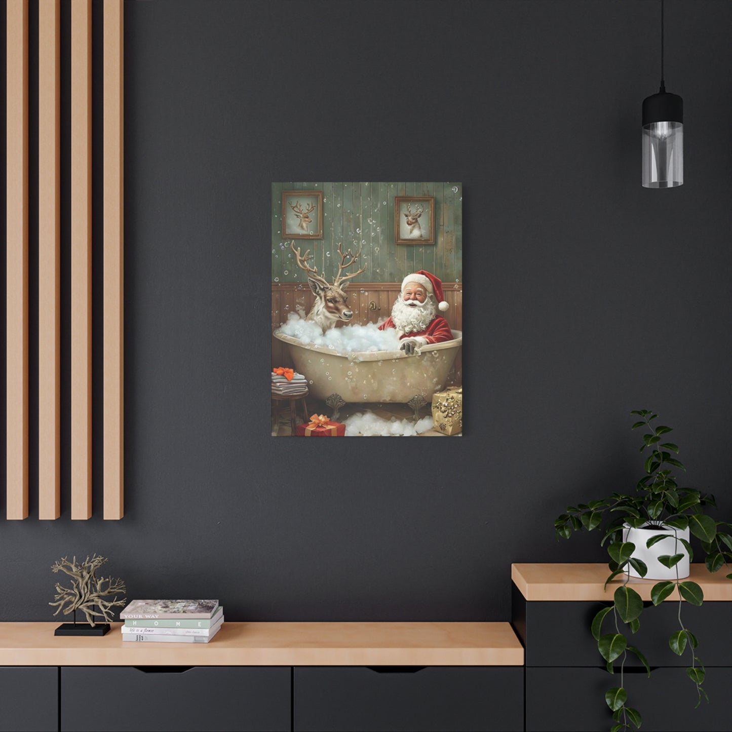 Santa Claus Bathing With Reindeer Painting Wall Art & Canvas Prints