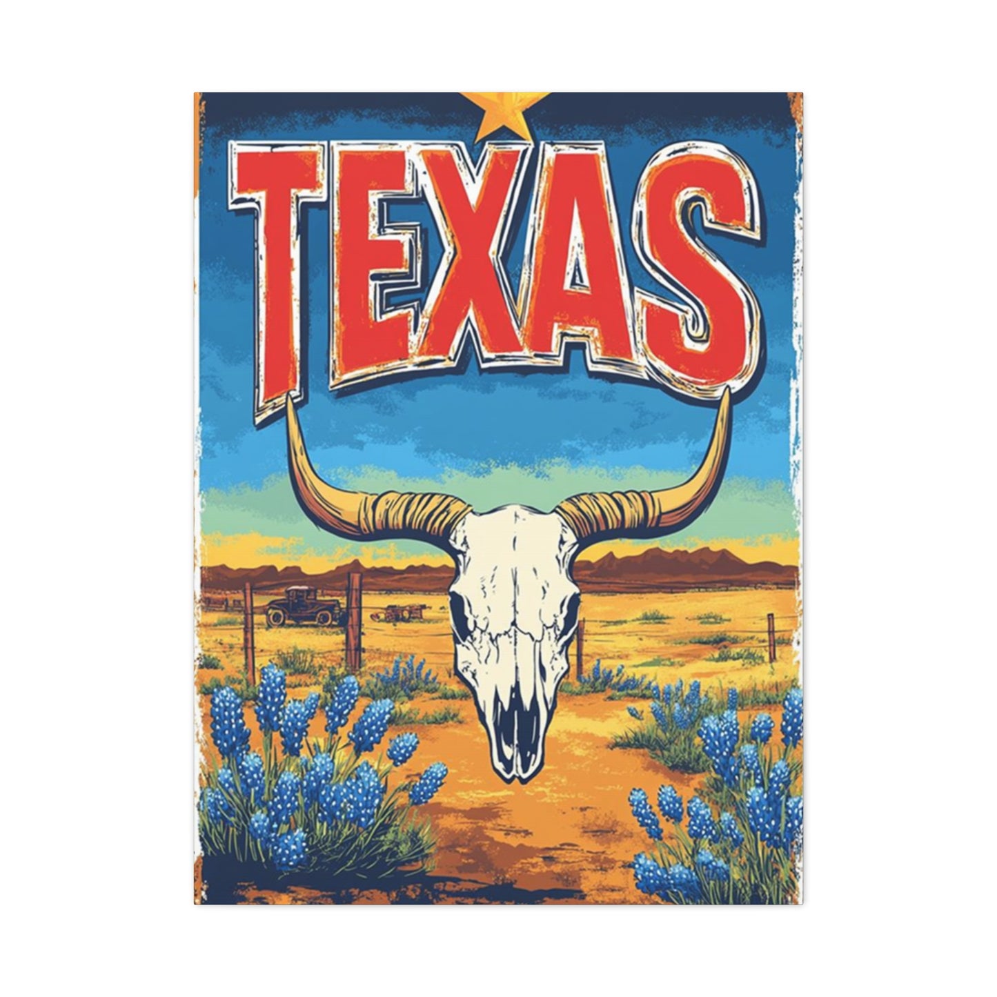 Landscape And Bull Skull Texas Poster Wall Art & Canvas Prints