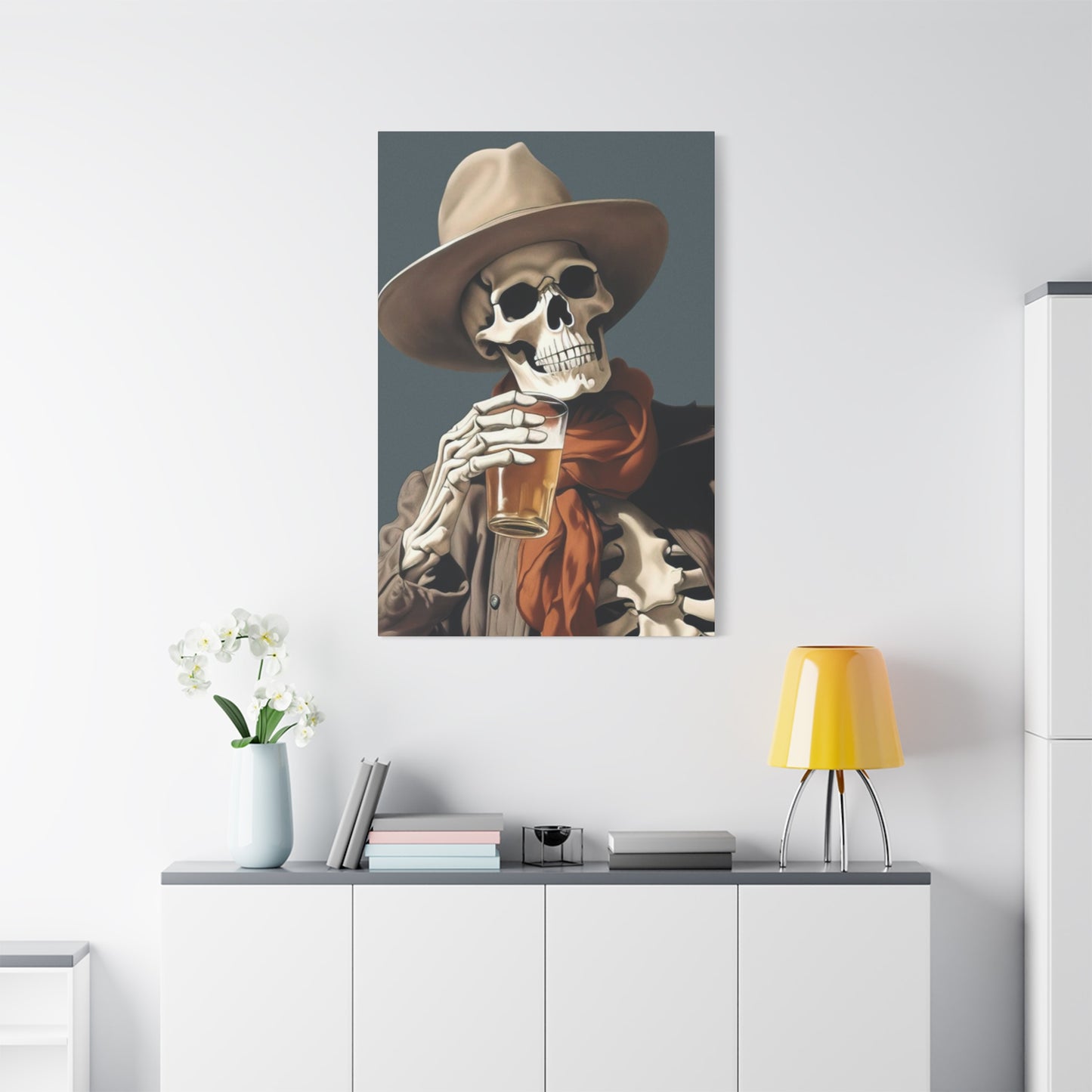 Drinking Skeleton Cowboy Wall Art & Canvas Prints