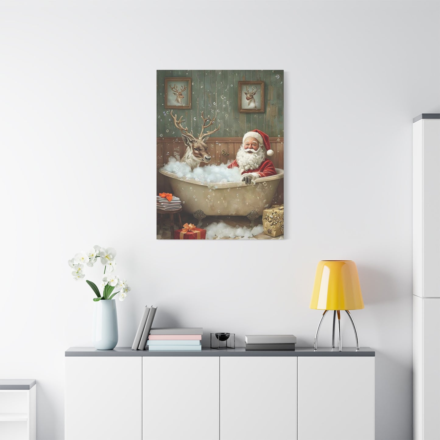 Santa Claus Bathing With Reindeer Painting Wall Art & Canvas Prints