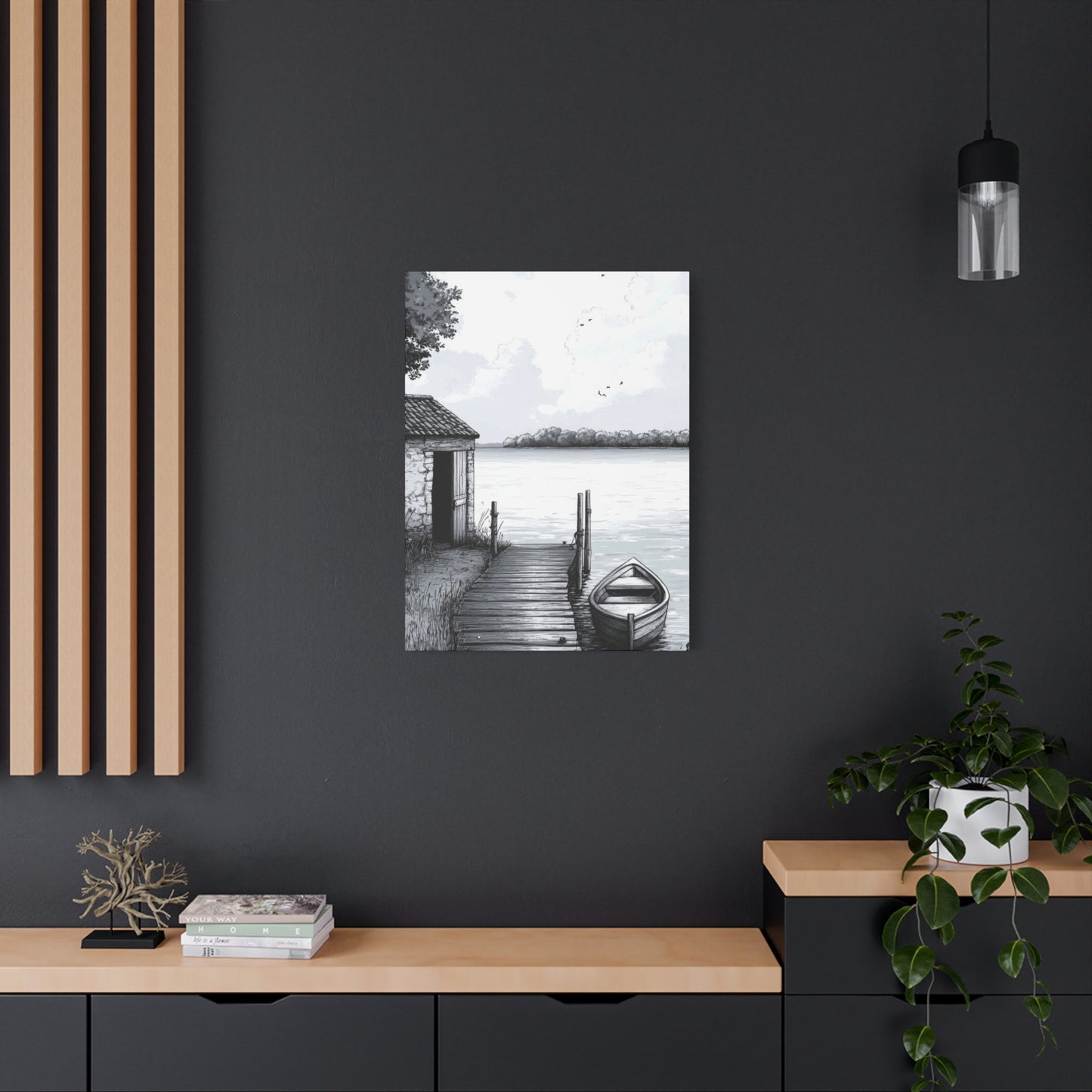 Cottage By Lake Grey Wall Art & Canvas Prints