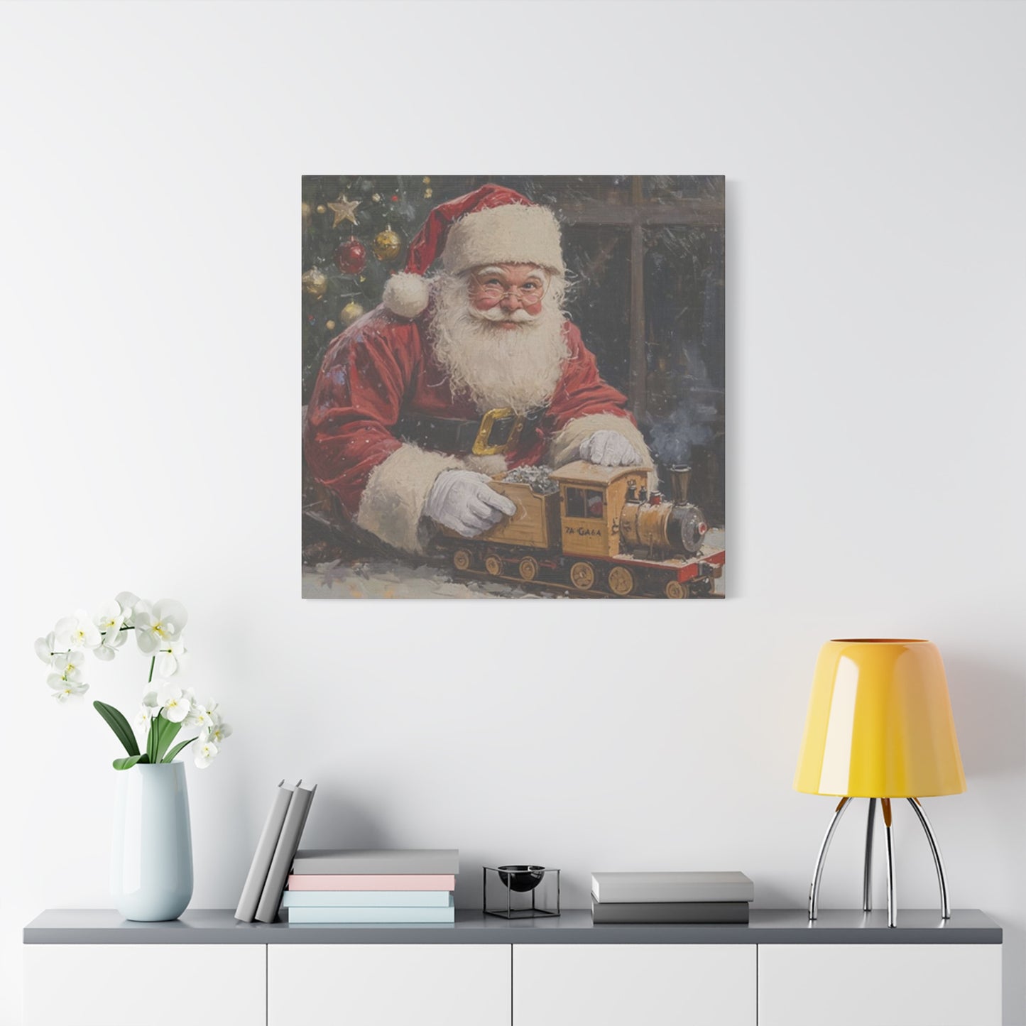 Santa With Toy Train Wall Art & Canvas Prints