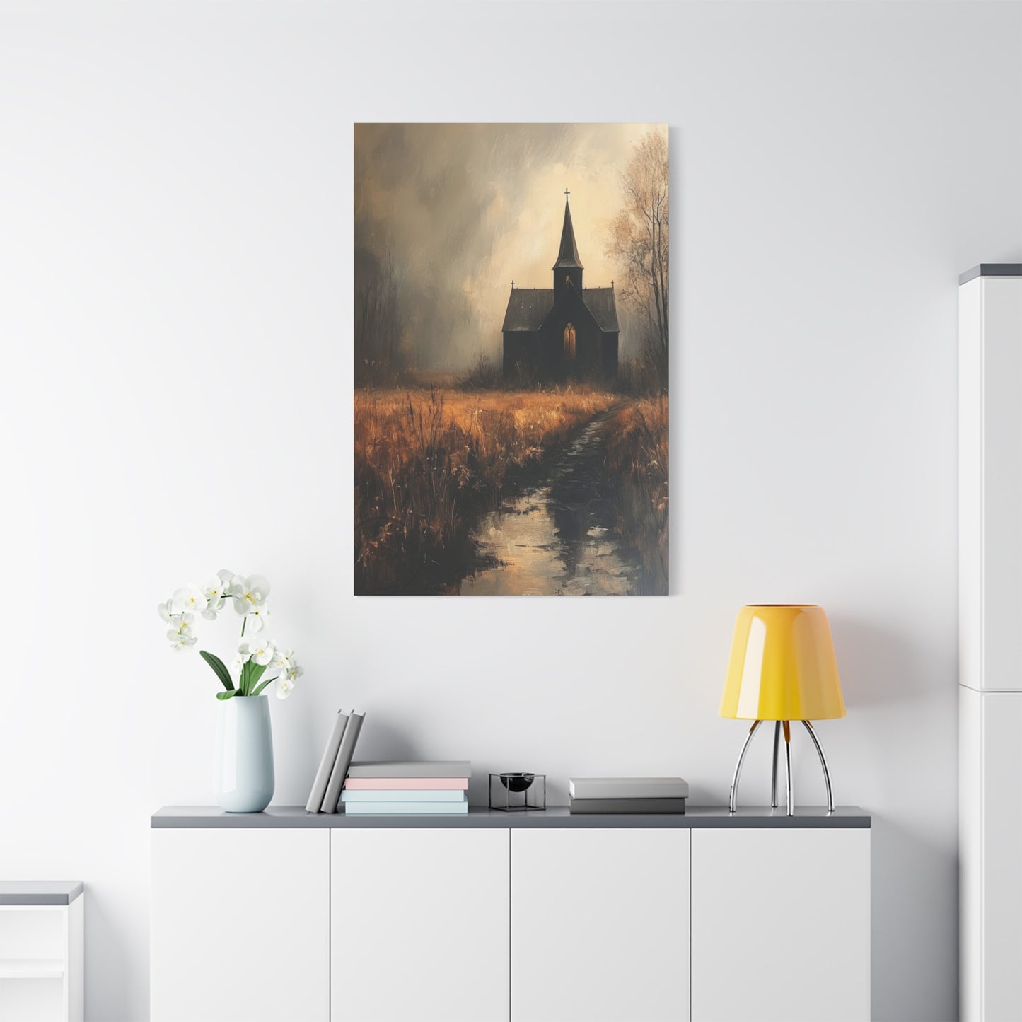 Dark Church Through Fields Wall Art & Canvas Prints