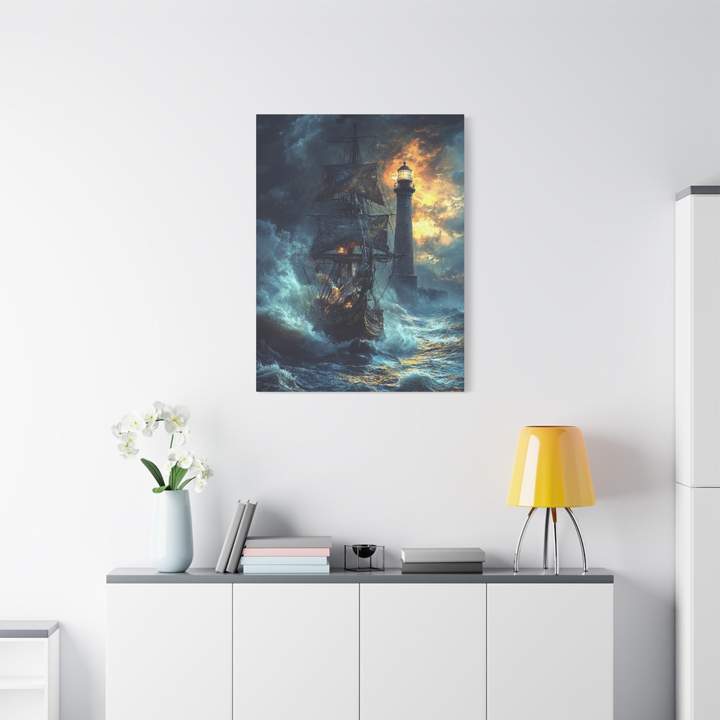 Lighthouse & Ship Sailing In Sea At Night Wall Art & Canvas Prints