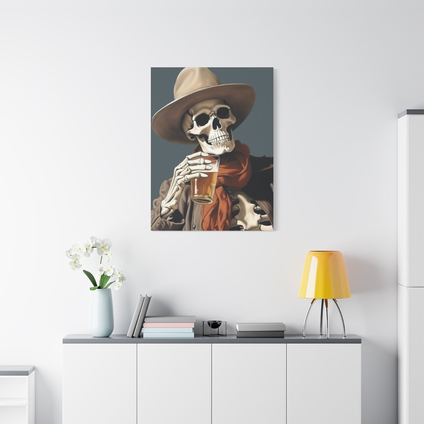 Drinking Skeleton Cowboy Wall Art & Canvas Prints