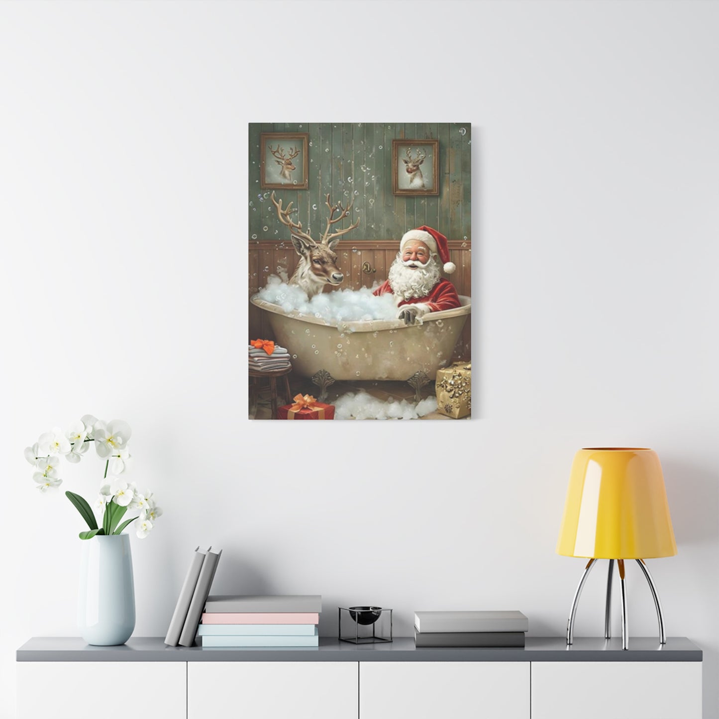 Santa Claus Bathing With Reindeer Painting Wall Art & Canvas Prints