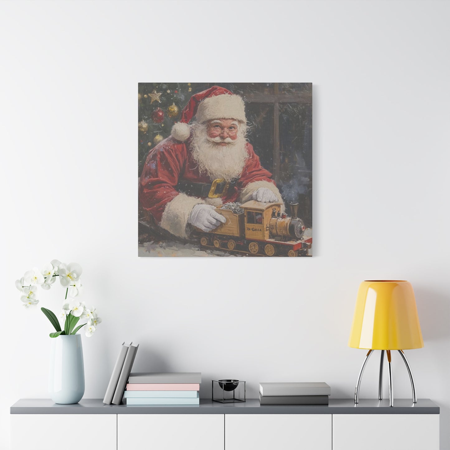 Santa With Toy Train Wall Art & Canvas Prints