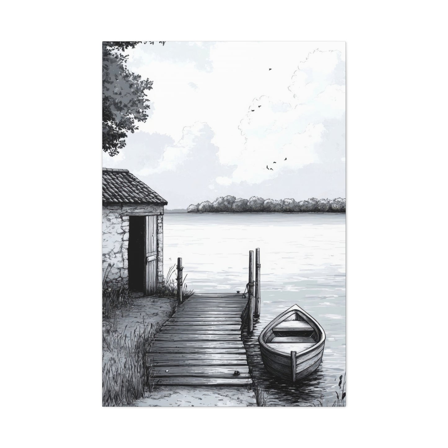 Cottage By Lake Grey Wall Art & Canvas Prints
