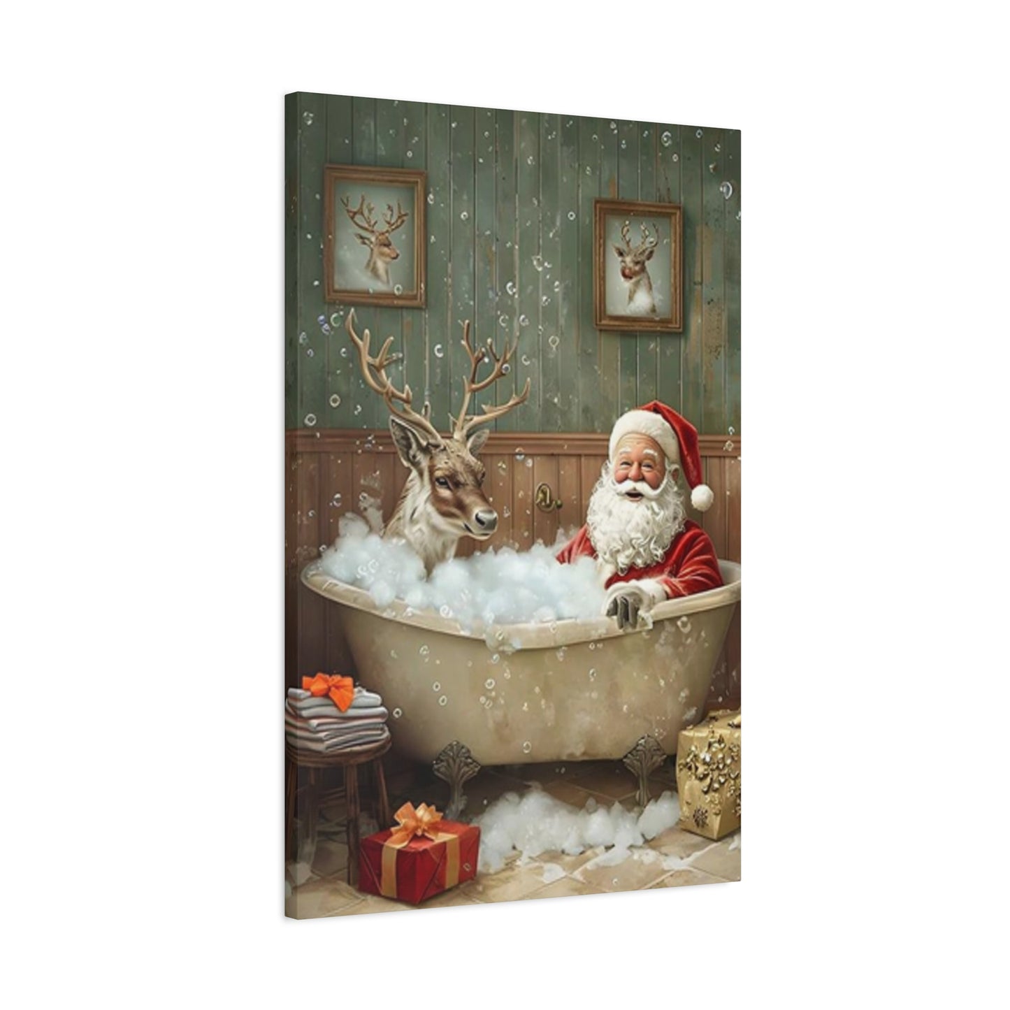 Santa Claus Bathing With Reindeer Painting Wall Art & Canvas Prints
