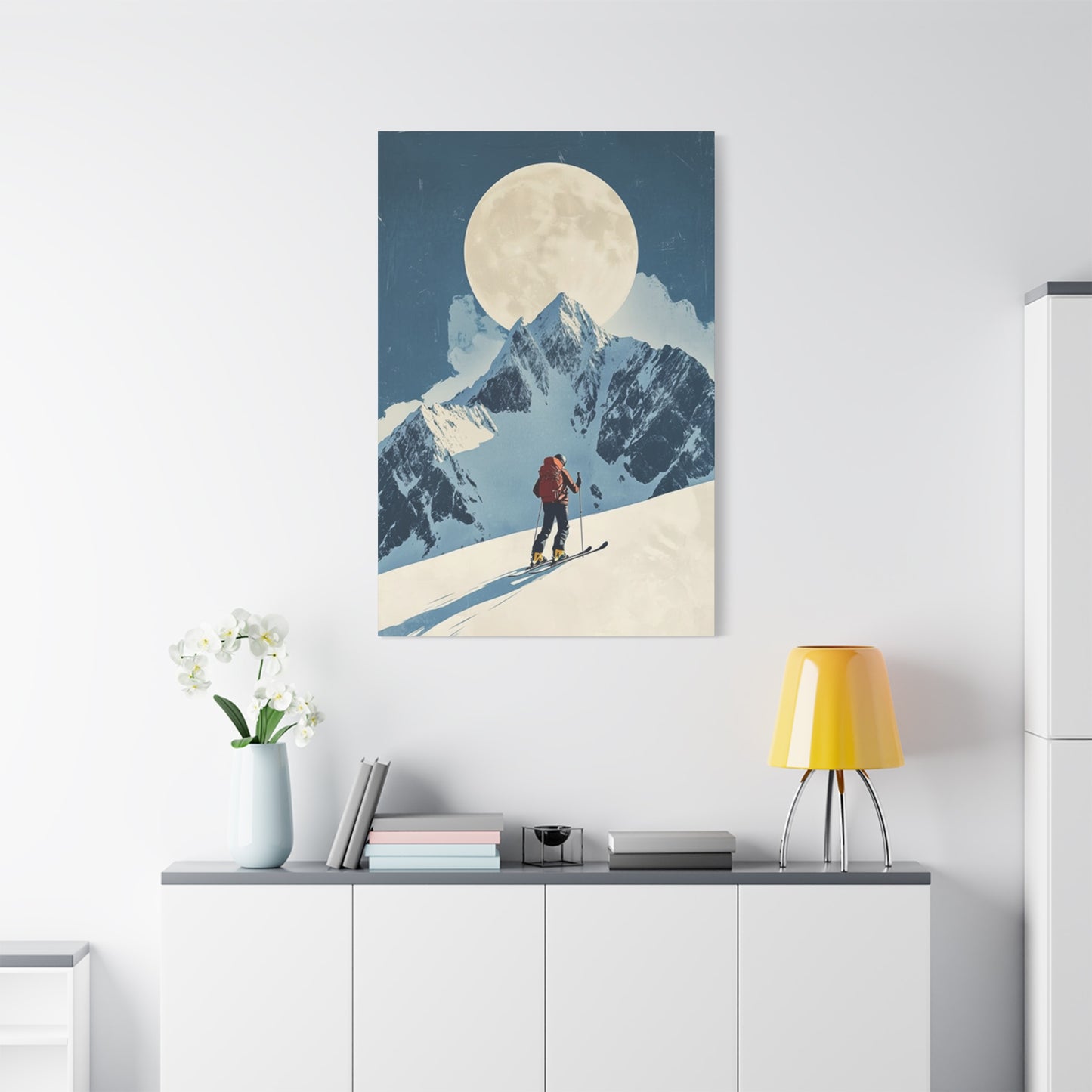 Skiing At Night With Moon Wall Art & Canvas Prints