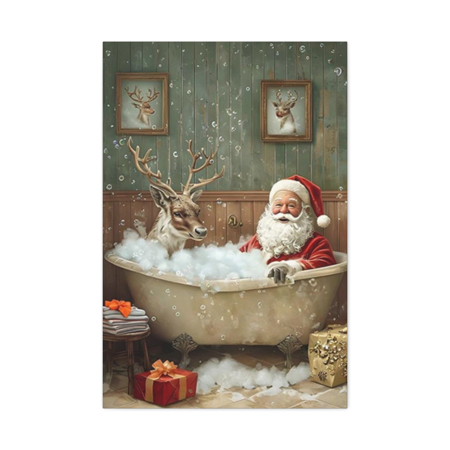 Santa Claus Bathing With Reindeer Painting Wall Art & Canvas Prints