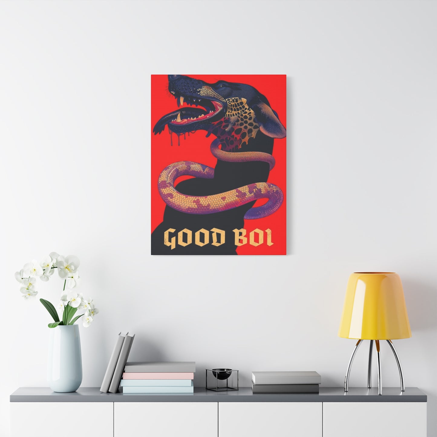 Snake On Dog Neck Wall Art & Canvas Prints