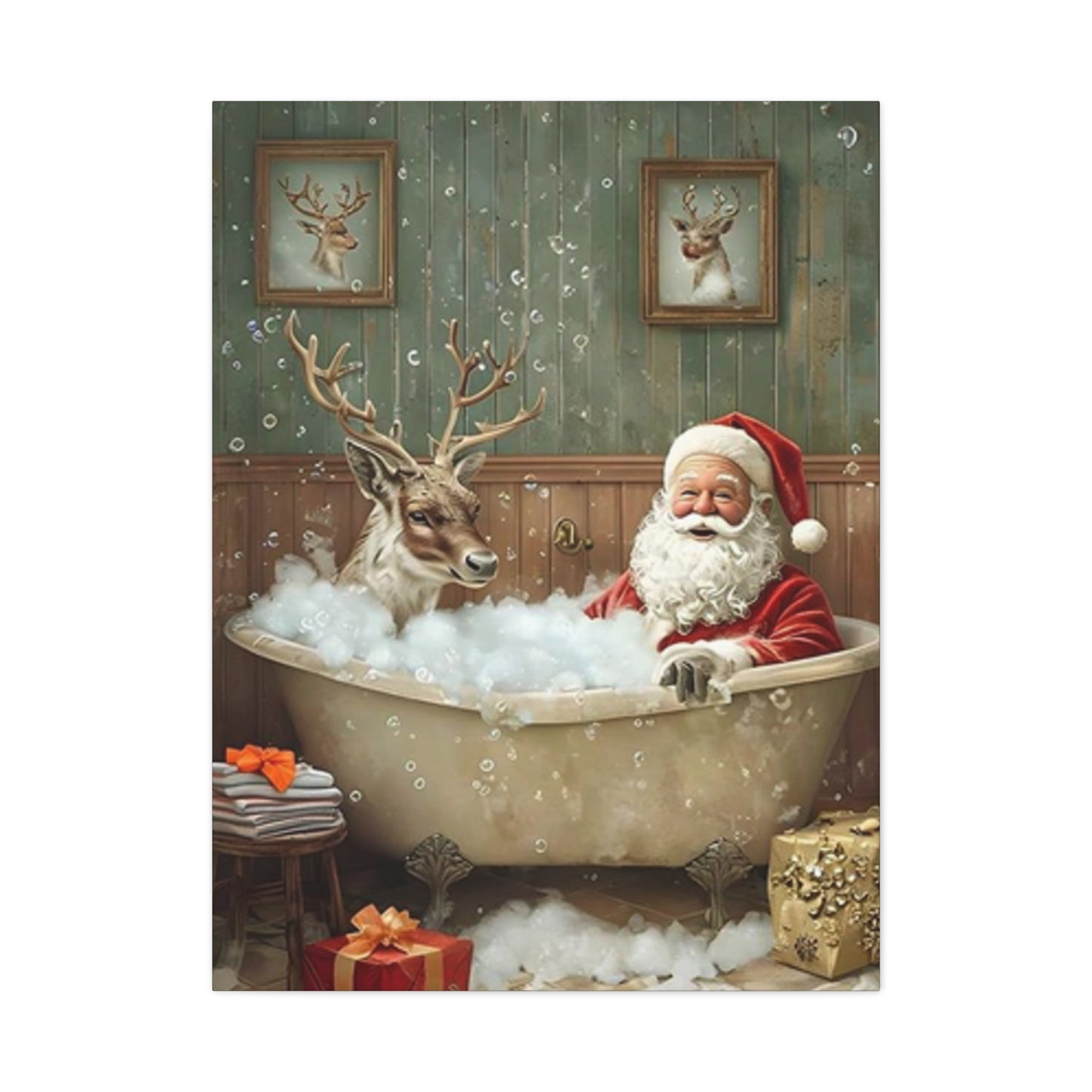 Santa Claus Bathing With Reindeer Painting Wall Art & Canvas Prints