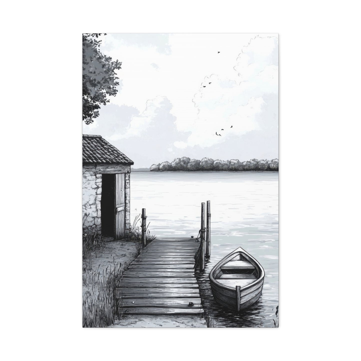 Cottage By Lake Grey Wall Art & Canvas Prints