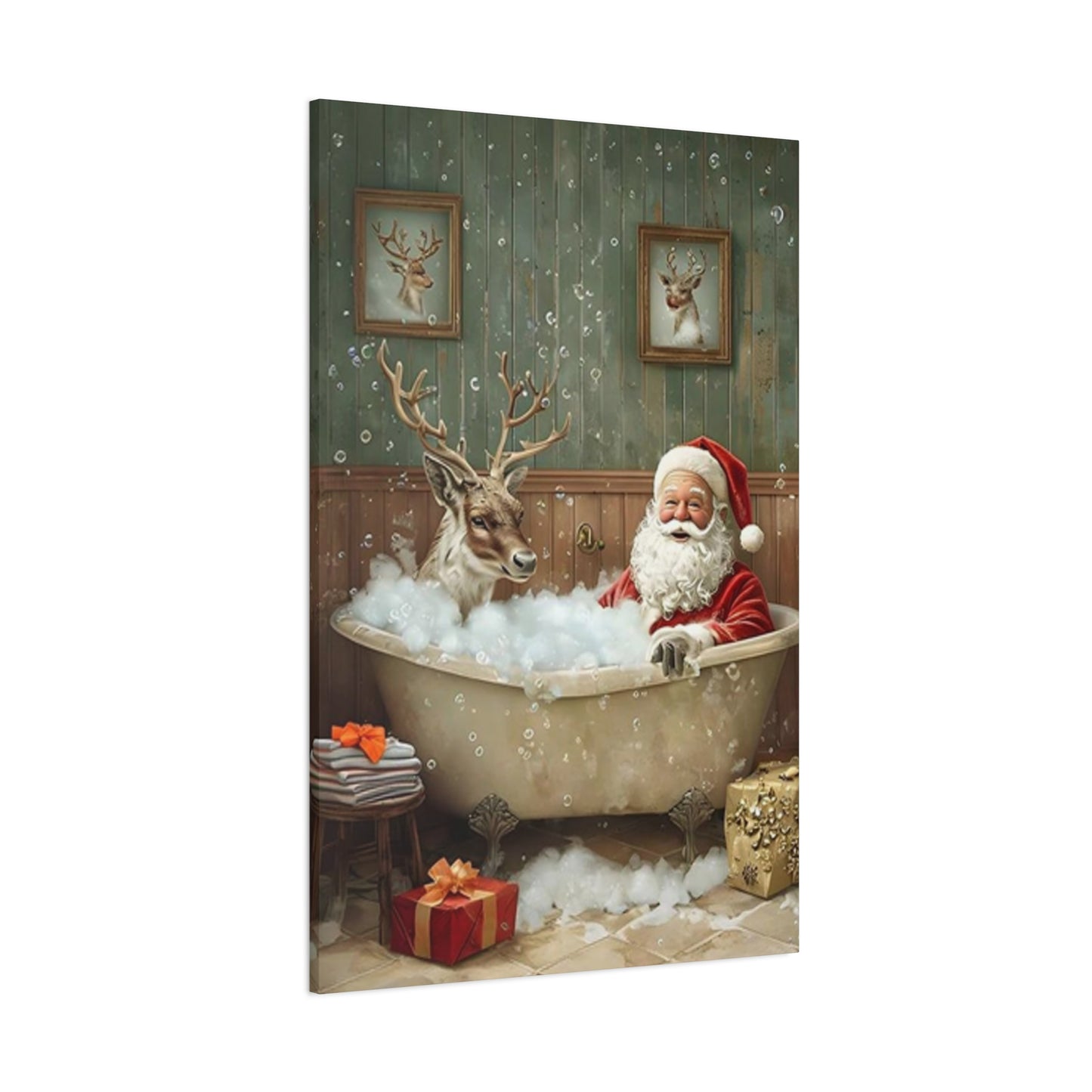 Santa Claus Bathing With Reindeer Painting Wall Art & Canvas Prints
