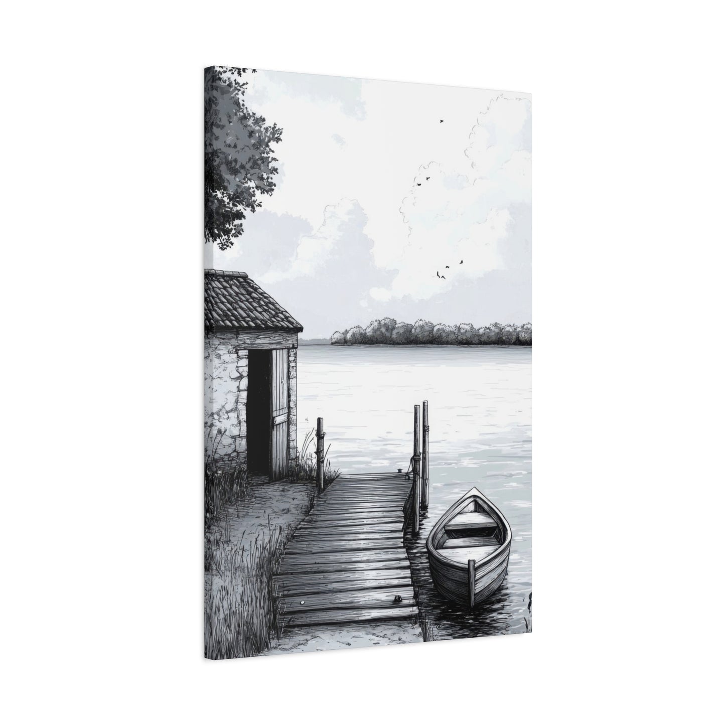 Cottage By Lake Grey Wall Art & Canvas Prints