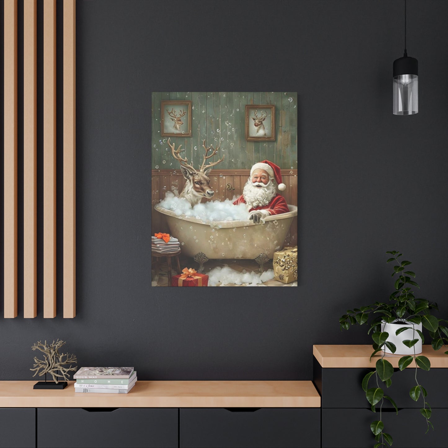 Santa Claus Bathing With Reindeer Painting Wall Art & Canvas Prints