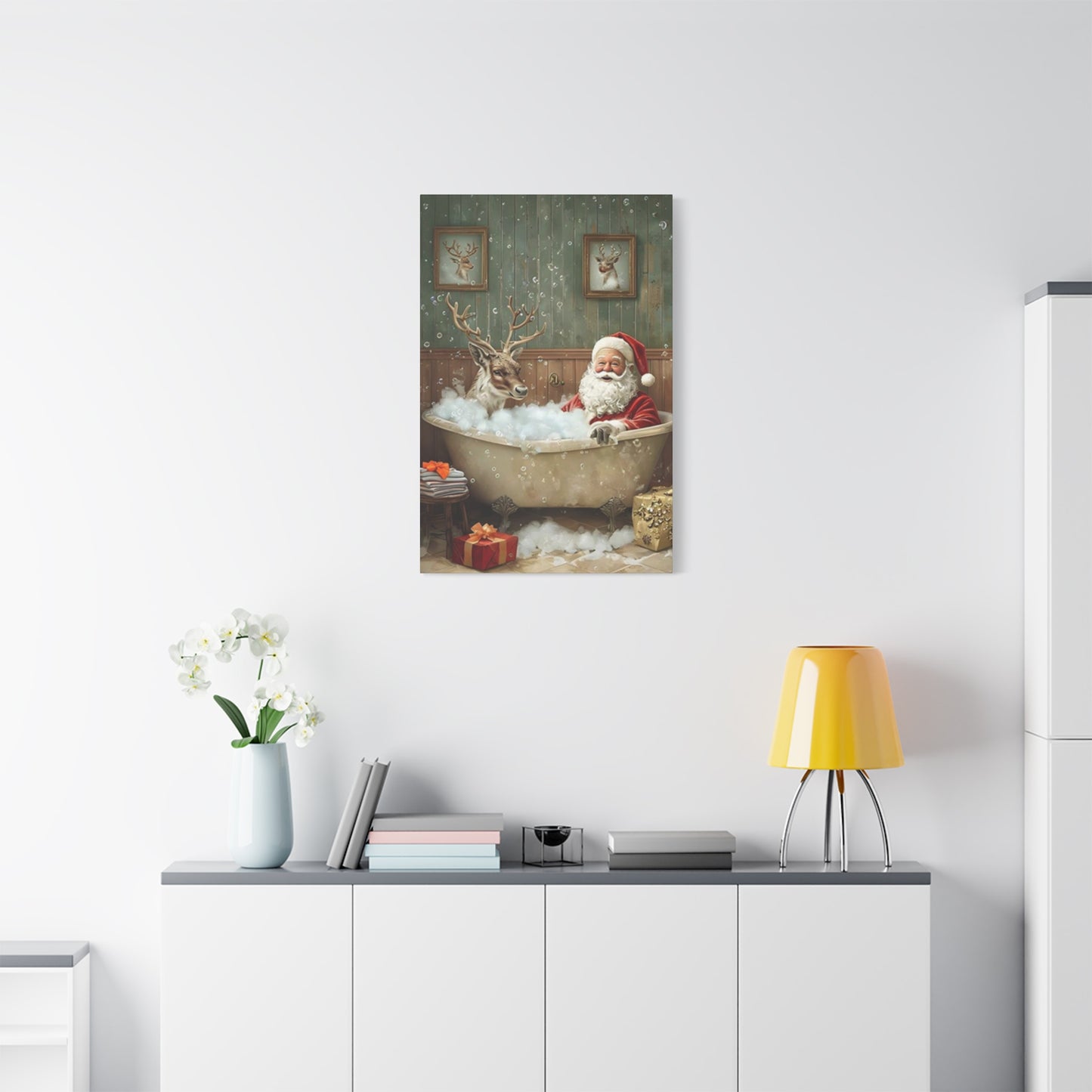 Santa Claus Bathing With Reindeer Painting Wall Art & Canvas Prints
