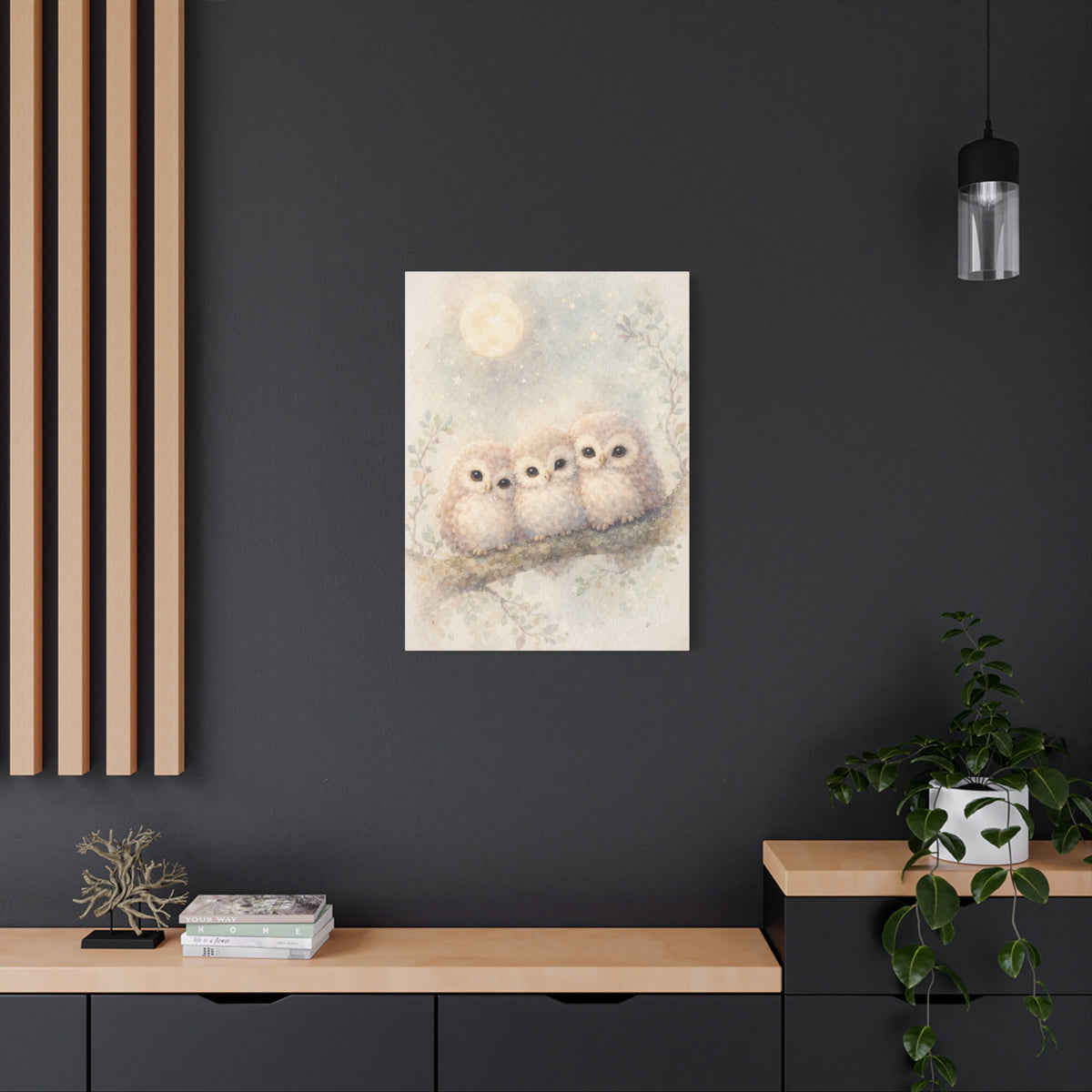 Moonlit Owlet Trio Watercolor Wall Art & Canvas Print
