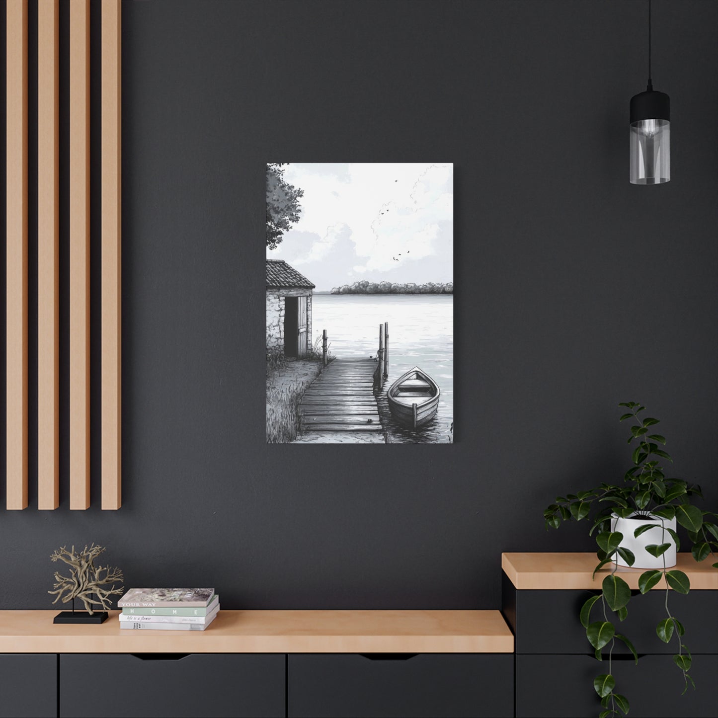 Cottage By Lake Grey Wall Art & Canvas Prints