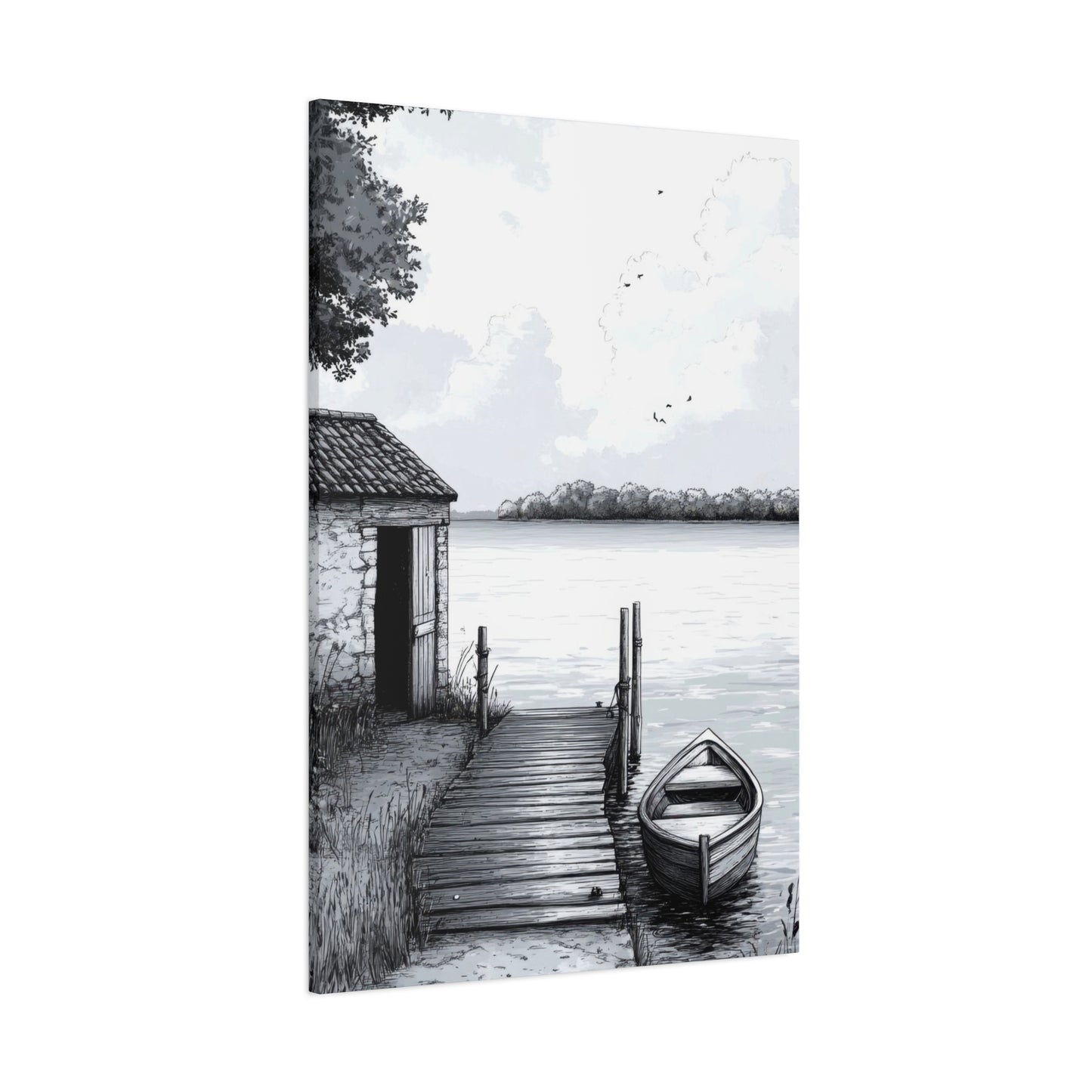 Cottage By Lake Grey Wall Art & Canvas Prints