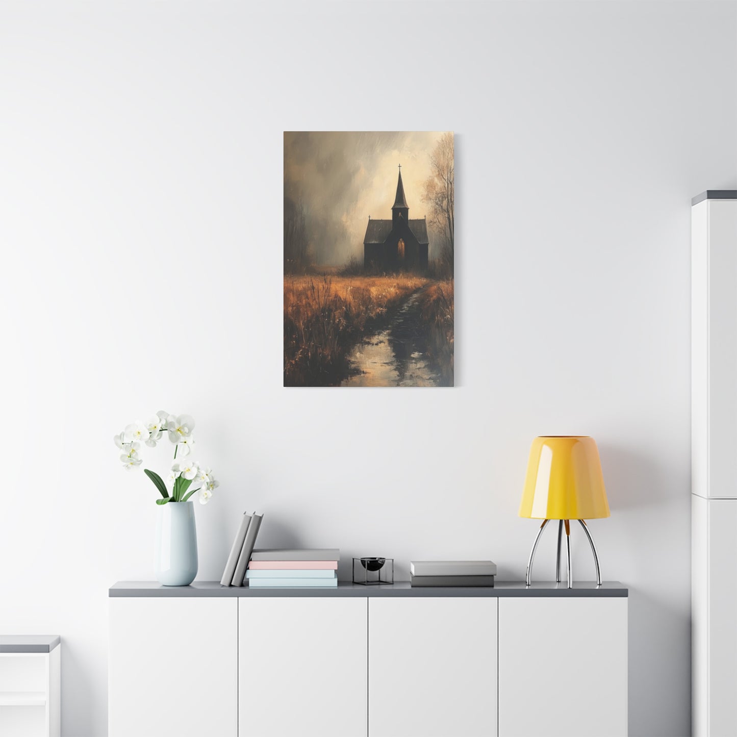 Dark Church Through Fields Wall Art & Canvas Prints