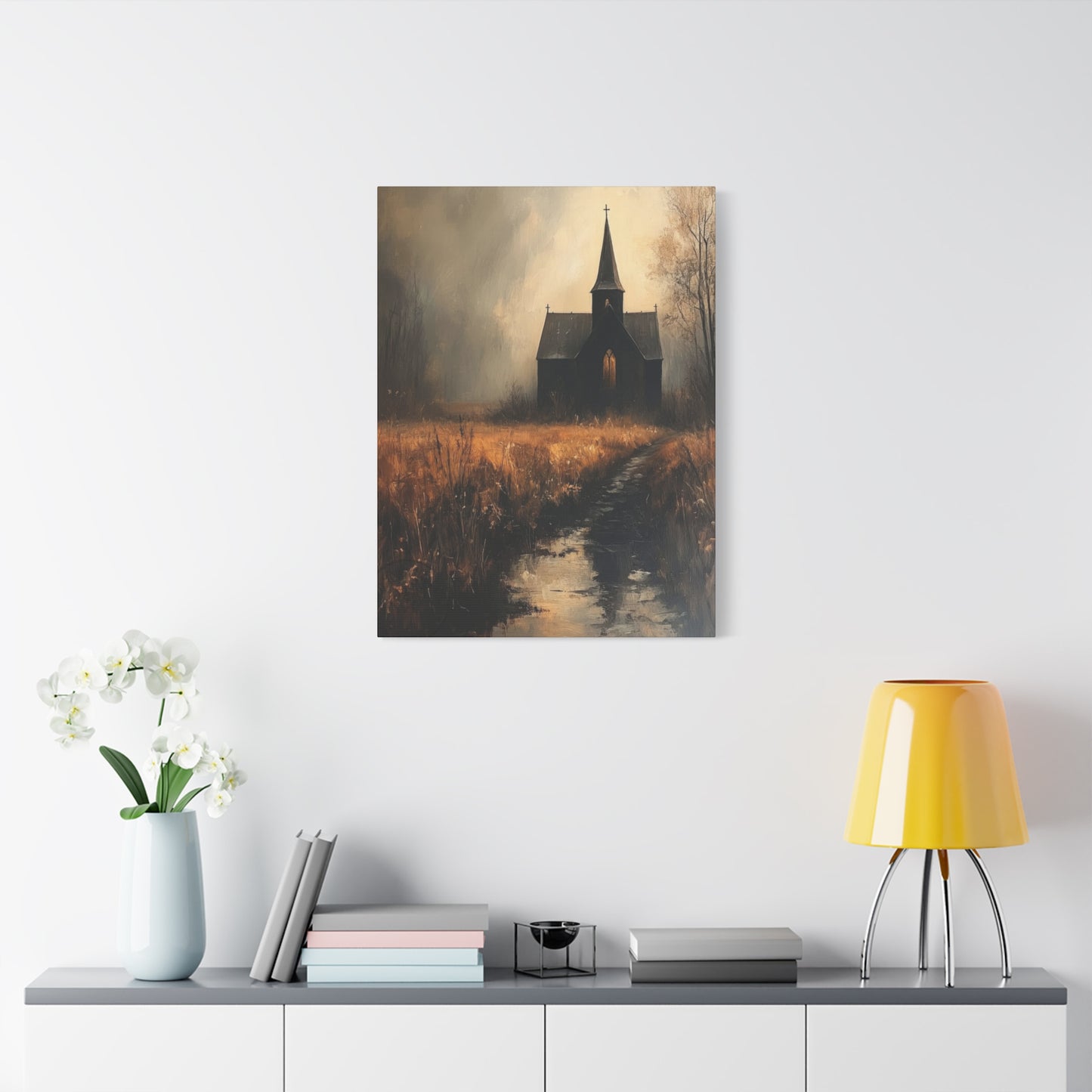 Dark Church Through Fields Wall Art & Canvas Prints