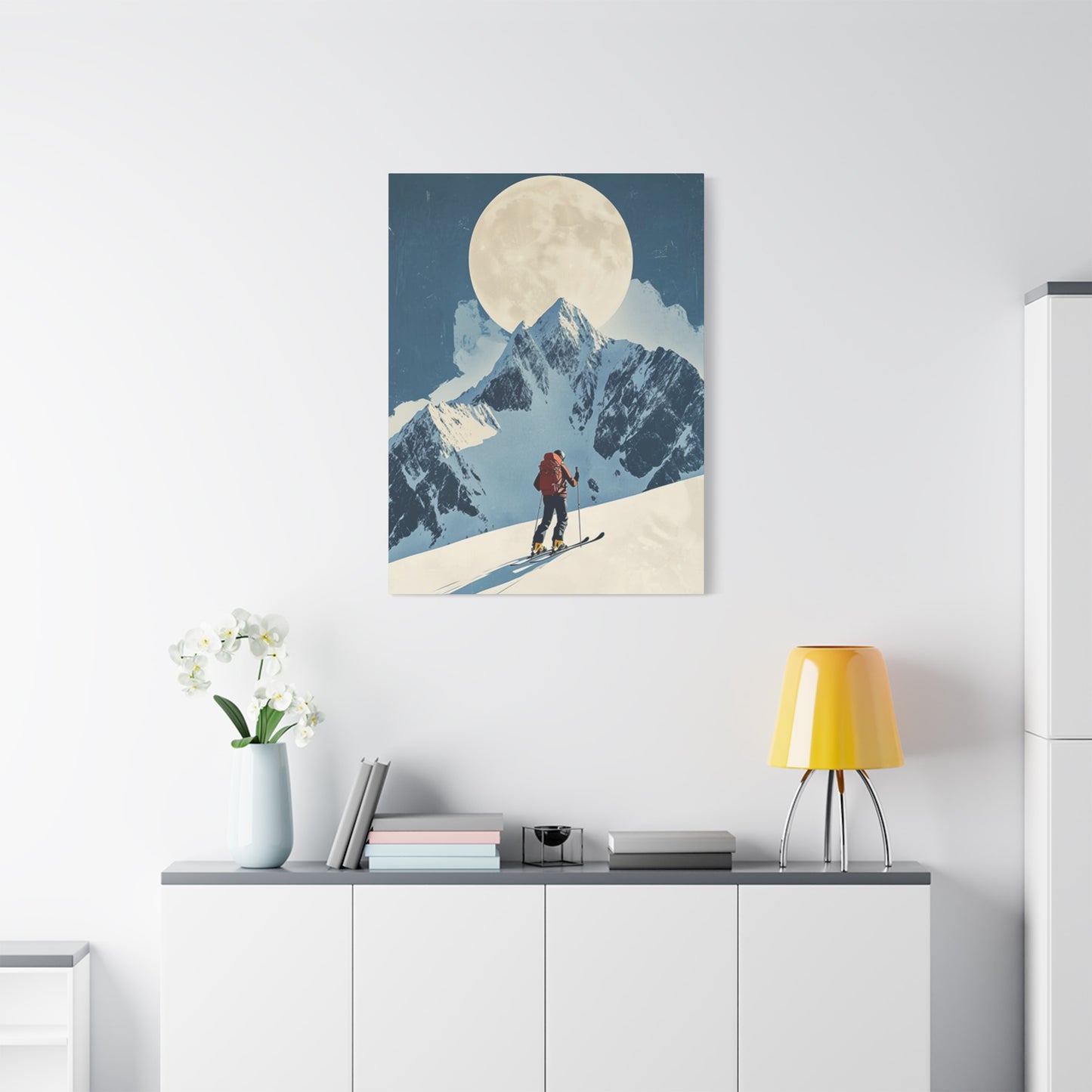 Skiing At Night With Moon Wall Art & Canvas Prints