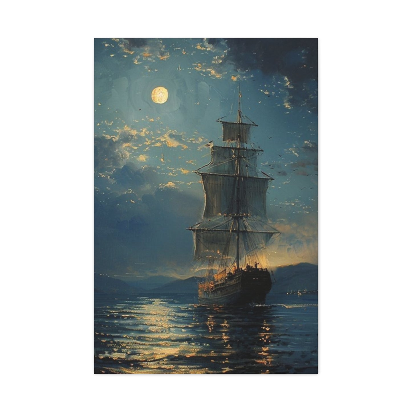 Large Ship Sailing At Night Painting Wall Art & Canvas Prints