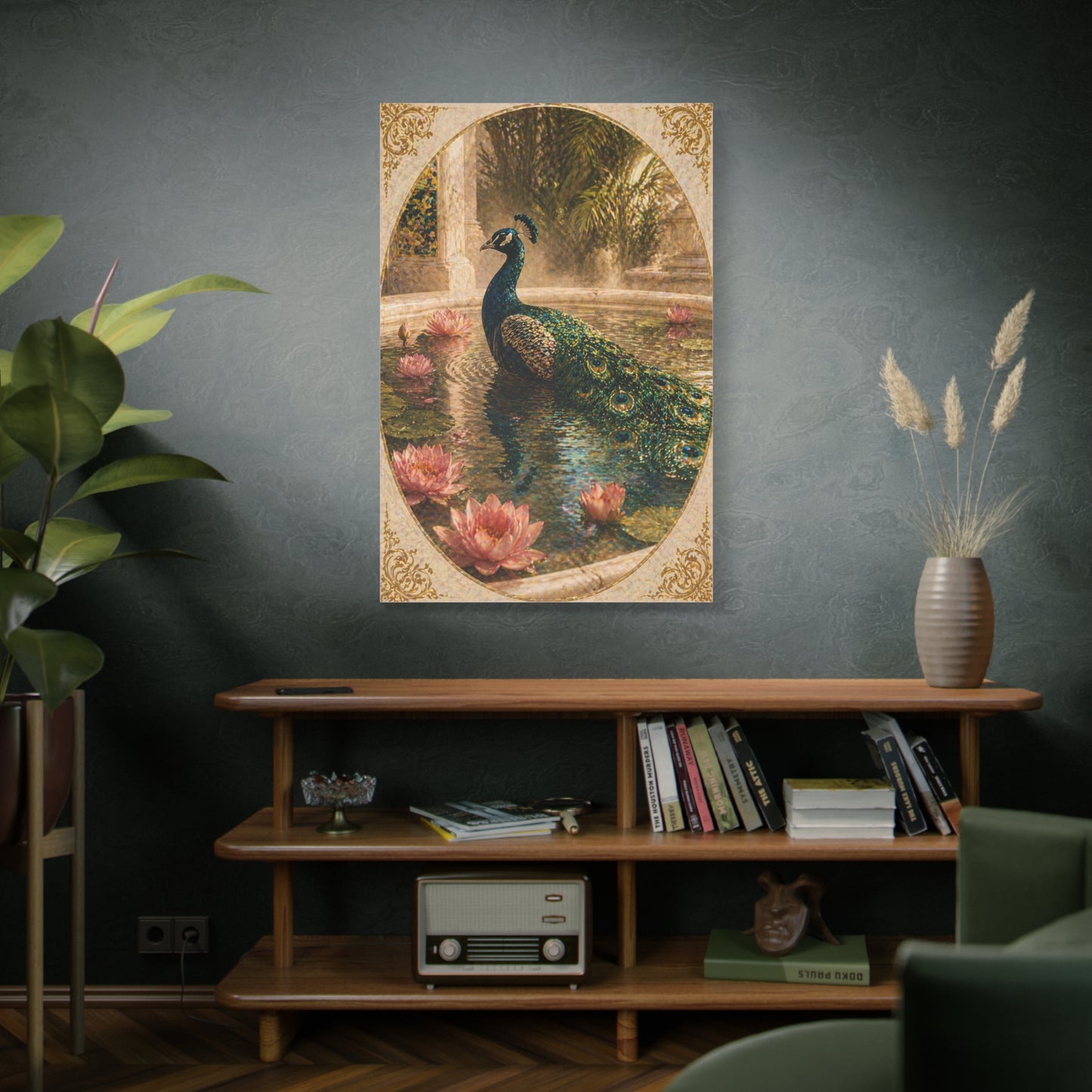 Lotus Pool Peacock Reflection Wall Art & Canvas Print