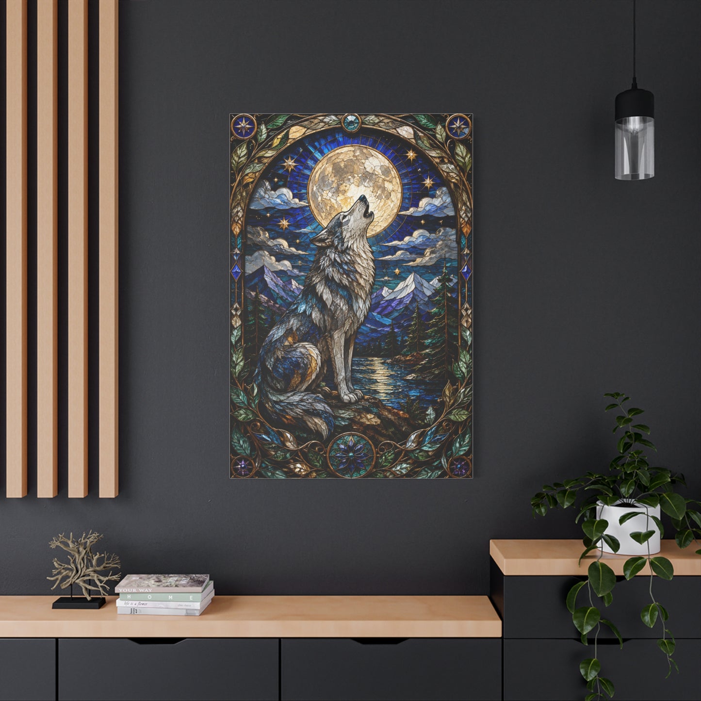 Stained Glass Moonlit Wolf Landscape Wall Art & Canvas Print