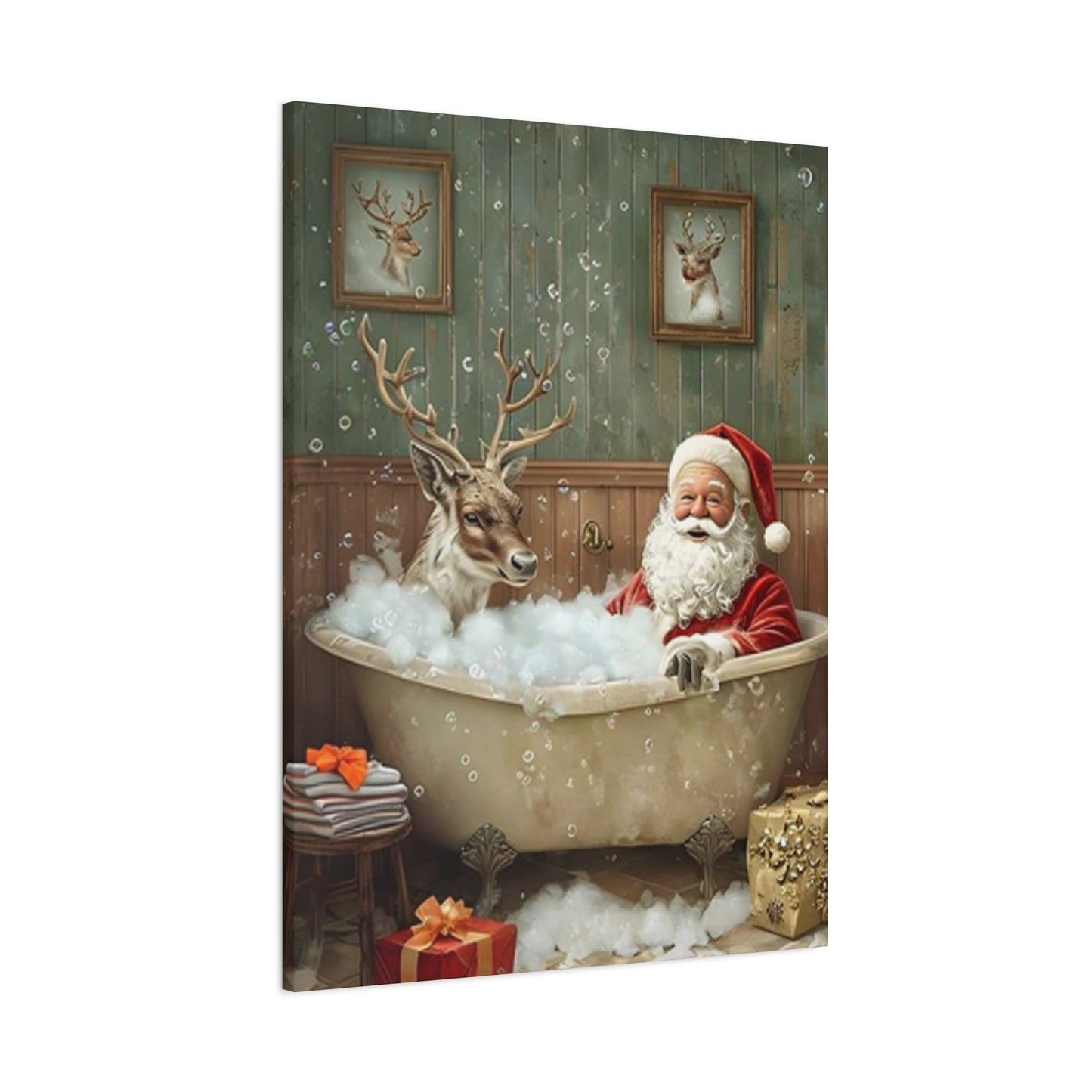 Santa Claus Bathing With Reindeer Painting Wall Art & Canvas Prints