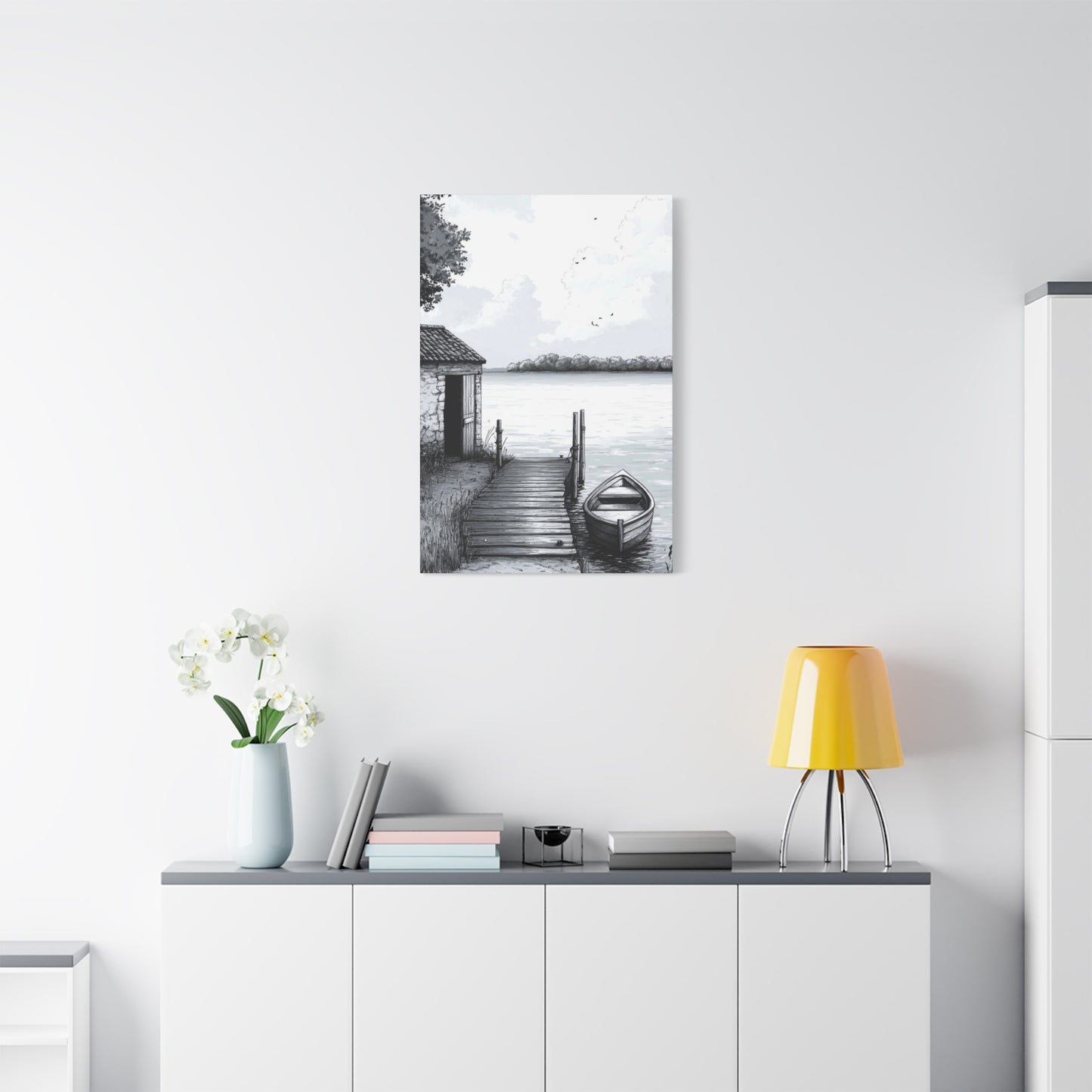 Cottage By Lake Grey Wall Art & Canvas Prints