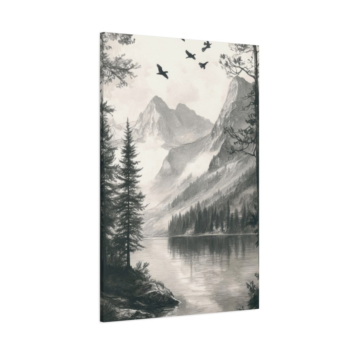 Lake Through Forest Grey Wall Art & Canvas Prints